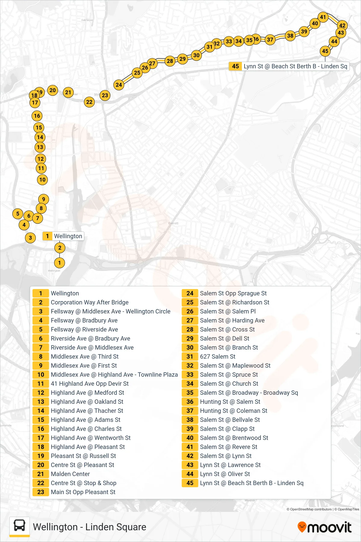 108 bus Line (Linden Square) route and stops on a map