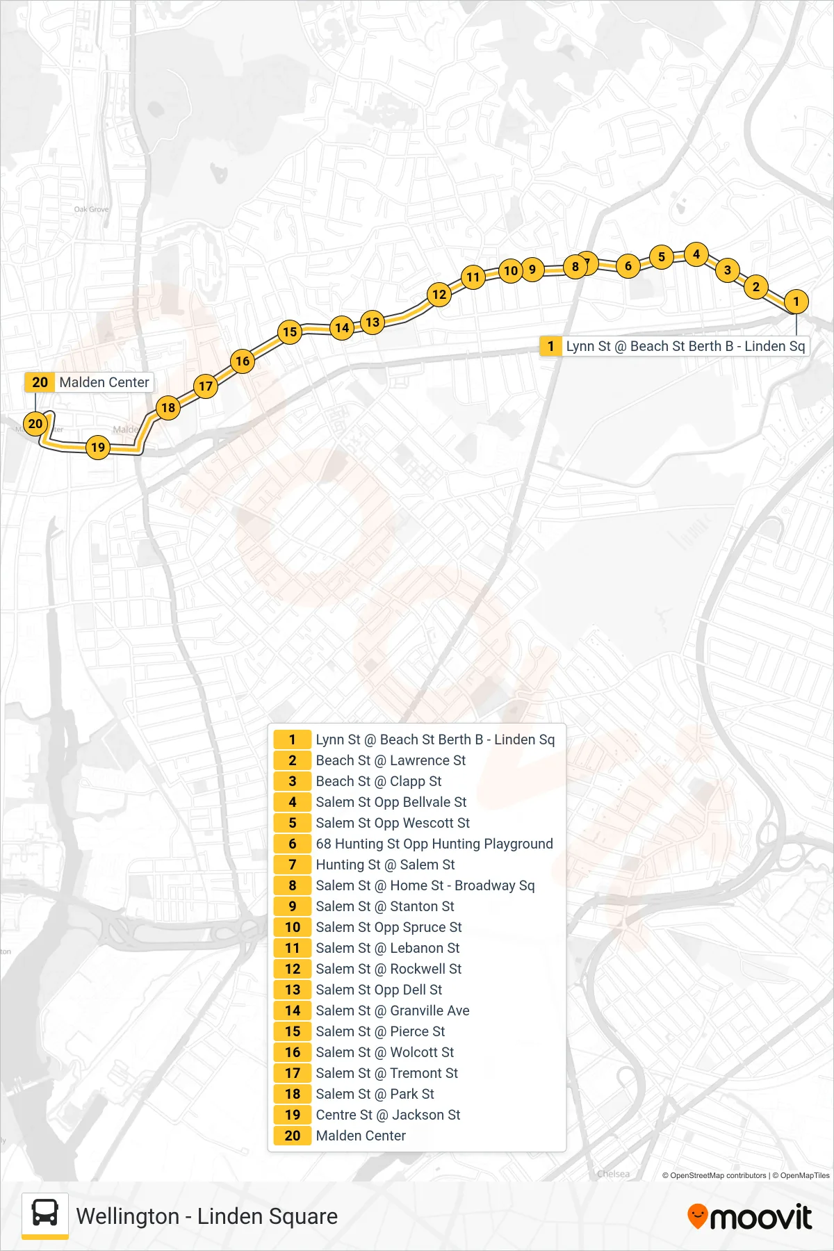 108 bus Line (Malden) route and stops on a map