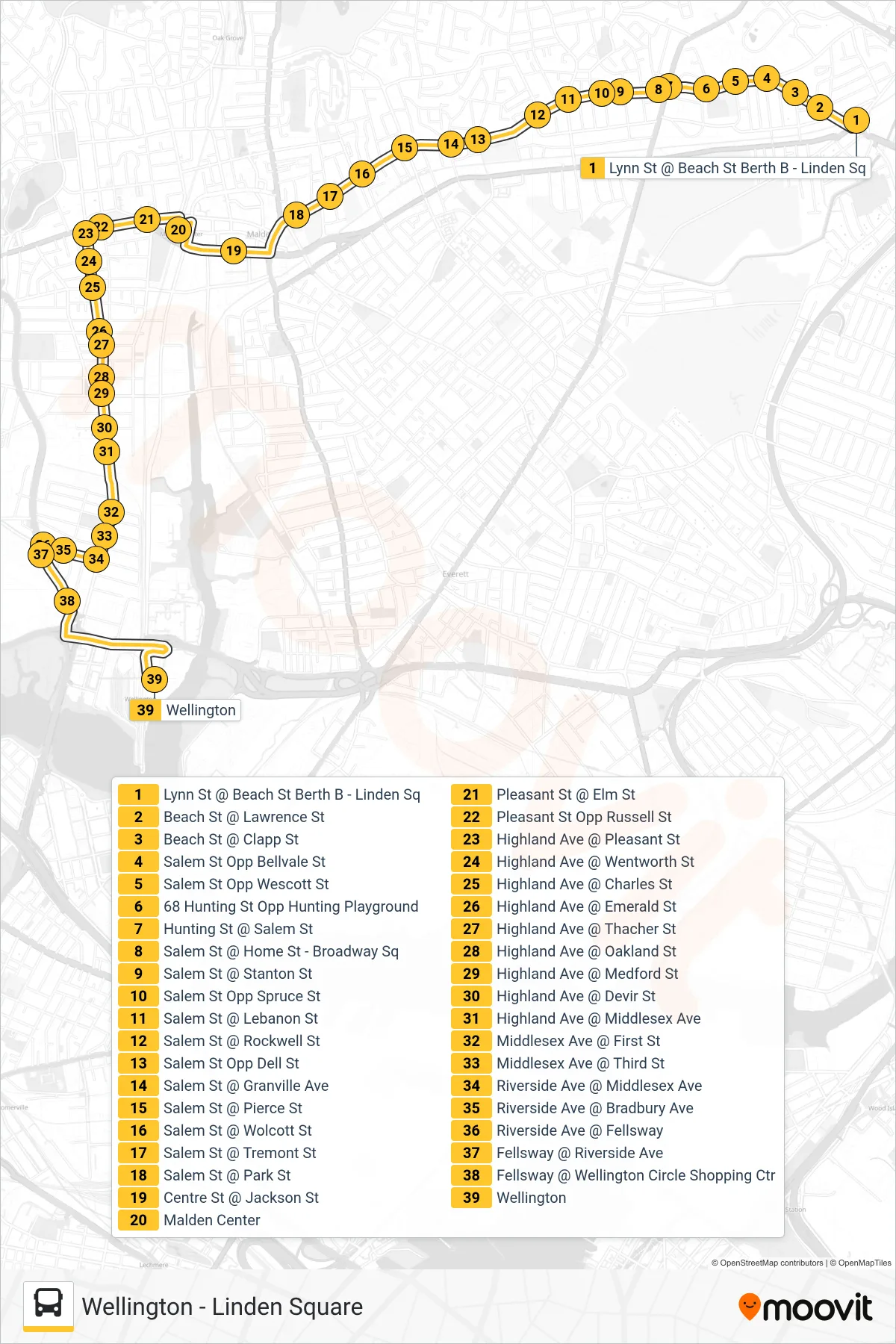 108 bus Line (Wellington) route and stops on a map