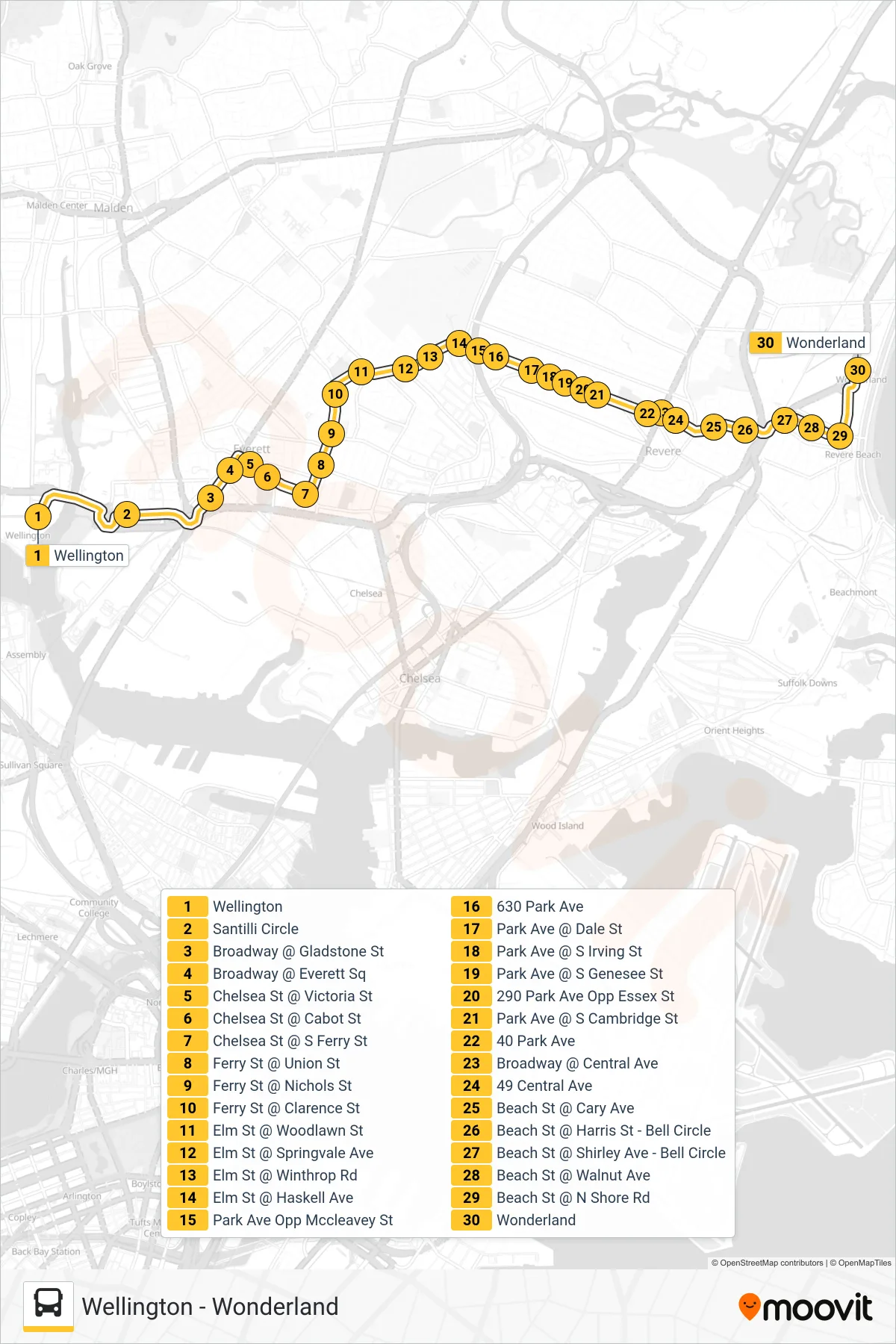 110 bus Line (Wonderland) route and stops on a map
