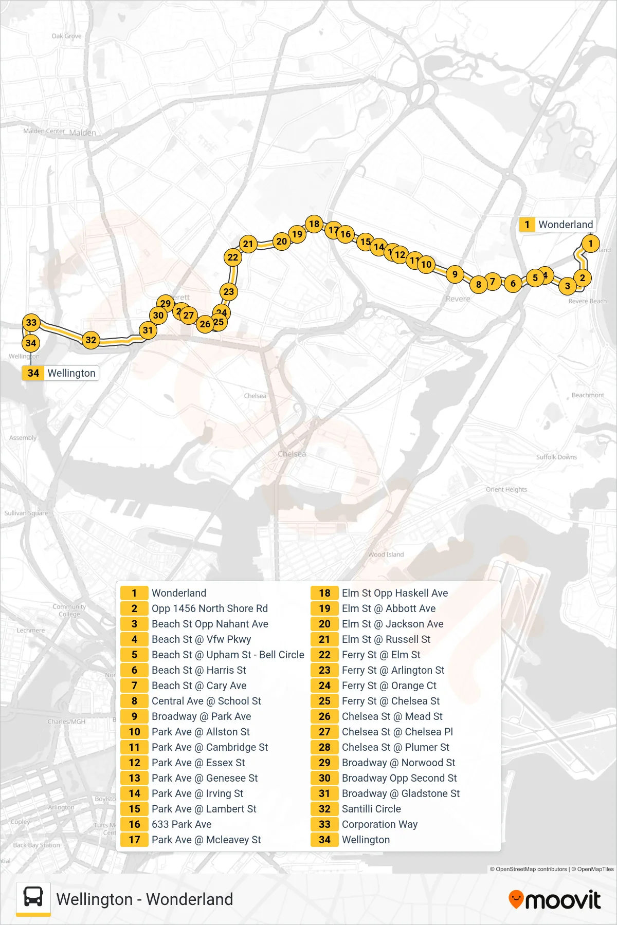 110 bus Line (Wellington) route and stops on a map