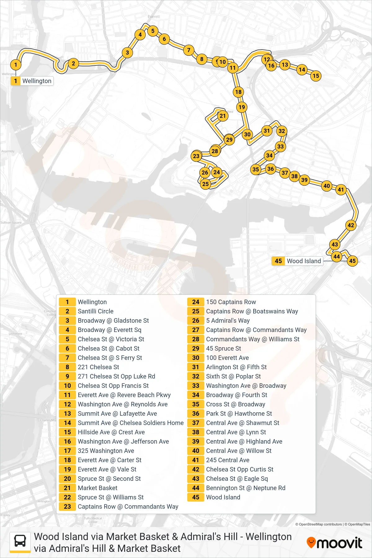 112 bus Line (Wood Island Via Market Basket & Admiral's Hill) route and stops on a map