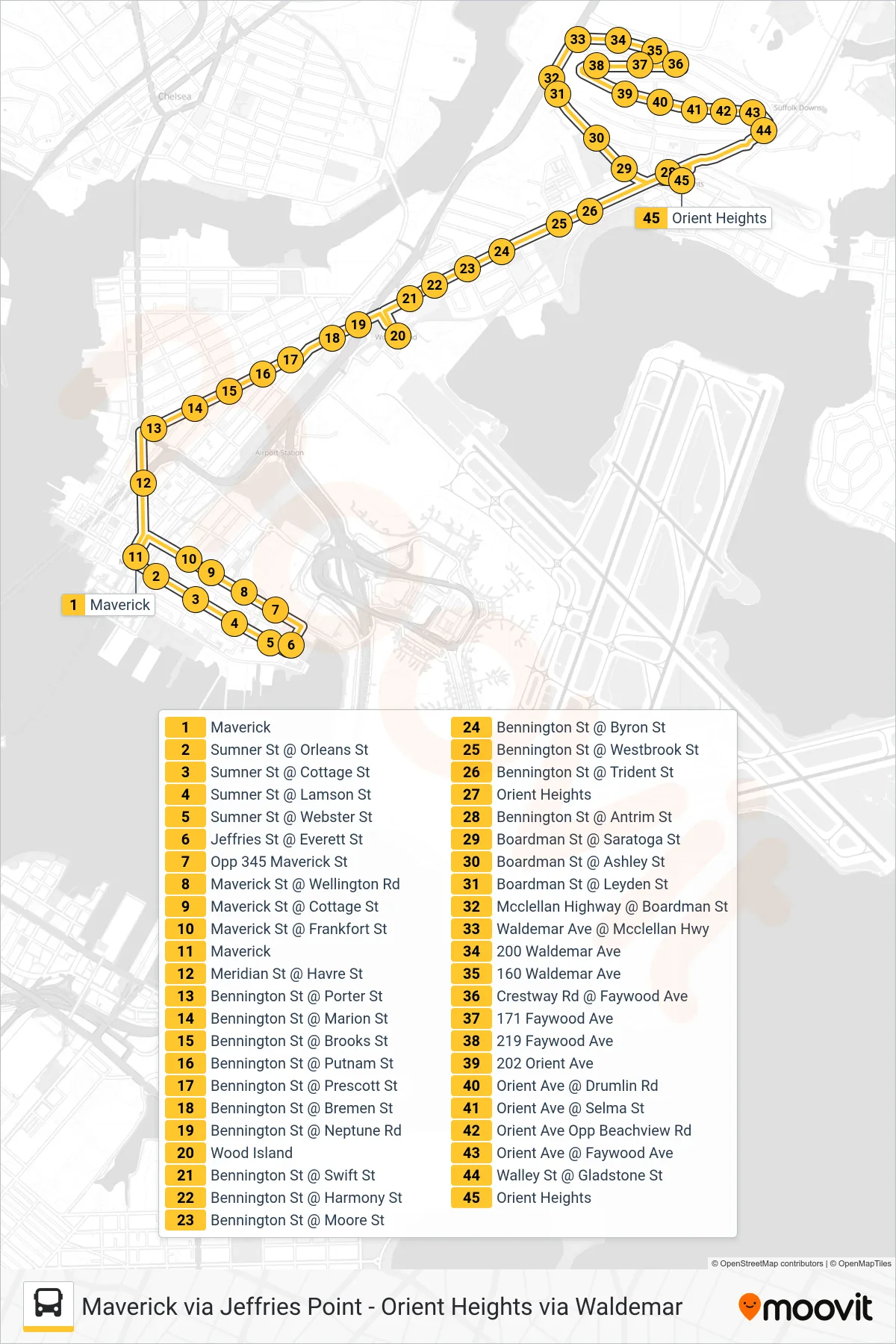 120 bus Line (Orient Heights Via Jeffries Point & Waldemar) route and stops on a map