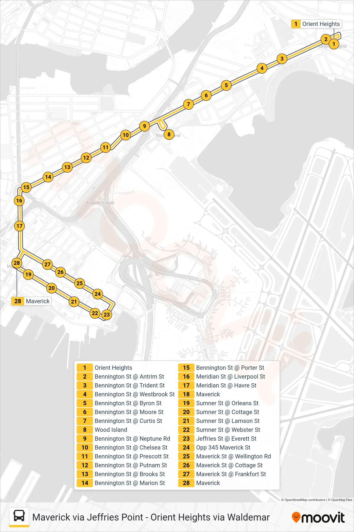 120 bus Line (Maverick Via Jeffries Point) route and stops on a map