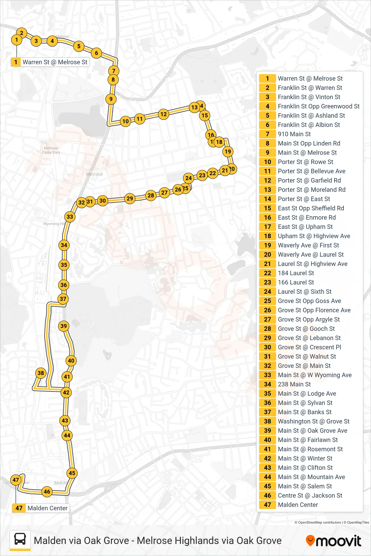 131 bus Line (Malden Via Oak Grove) route and stops on a map