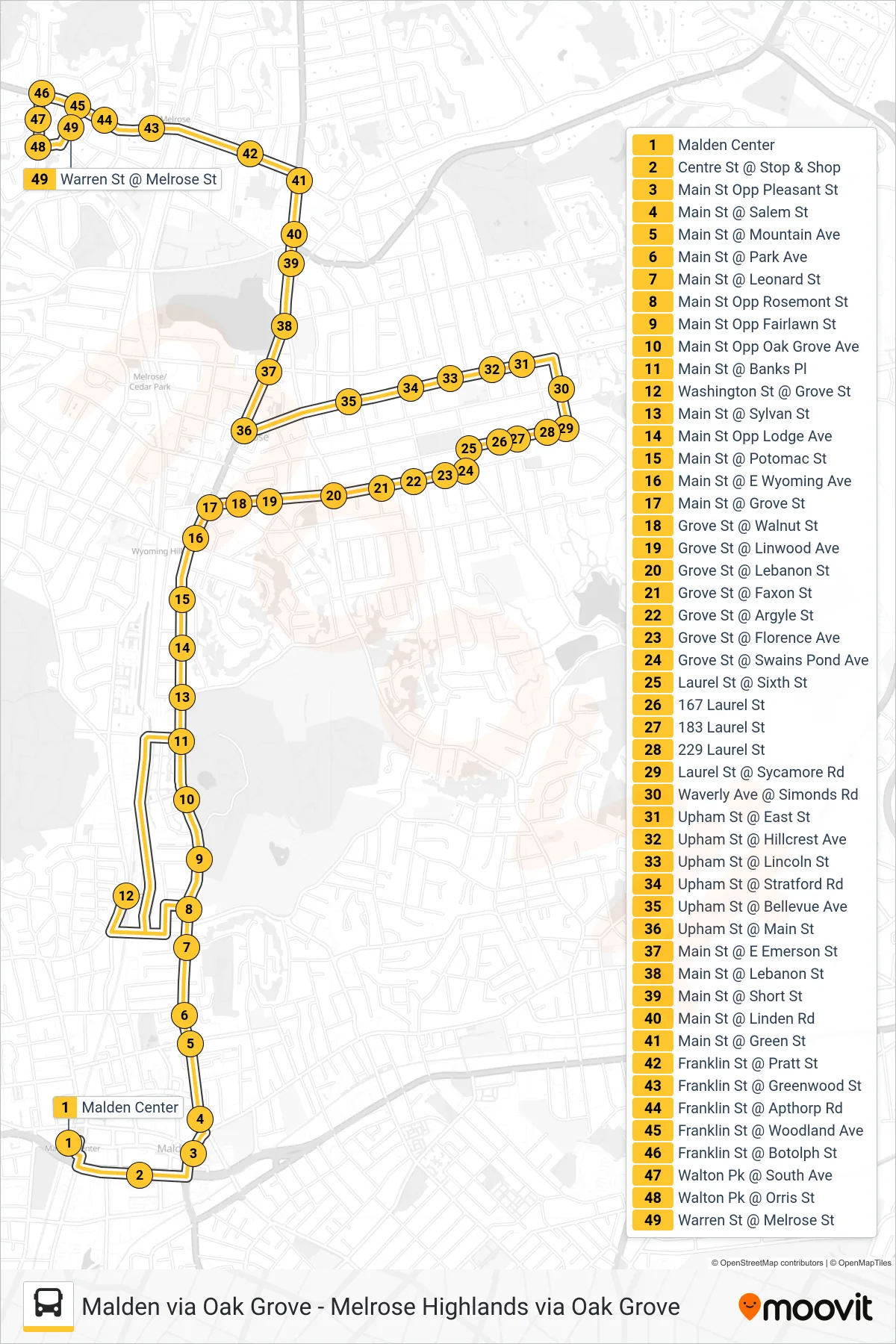 131 bus Line (Melrose Highlands Via Oak Grove) route and stops on a map