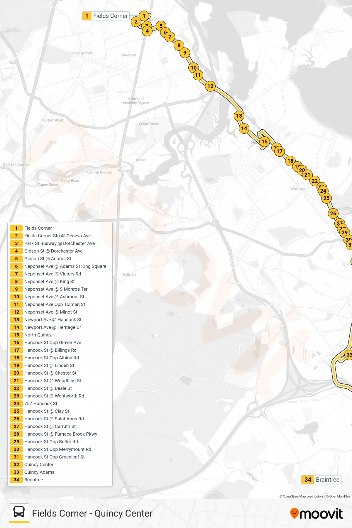 210 bus Line (Braintree) route and stops on a map