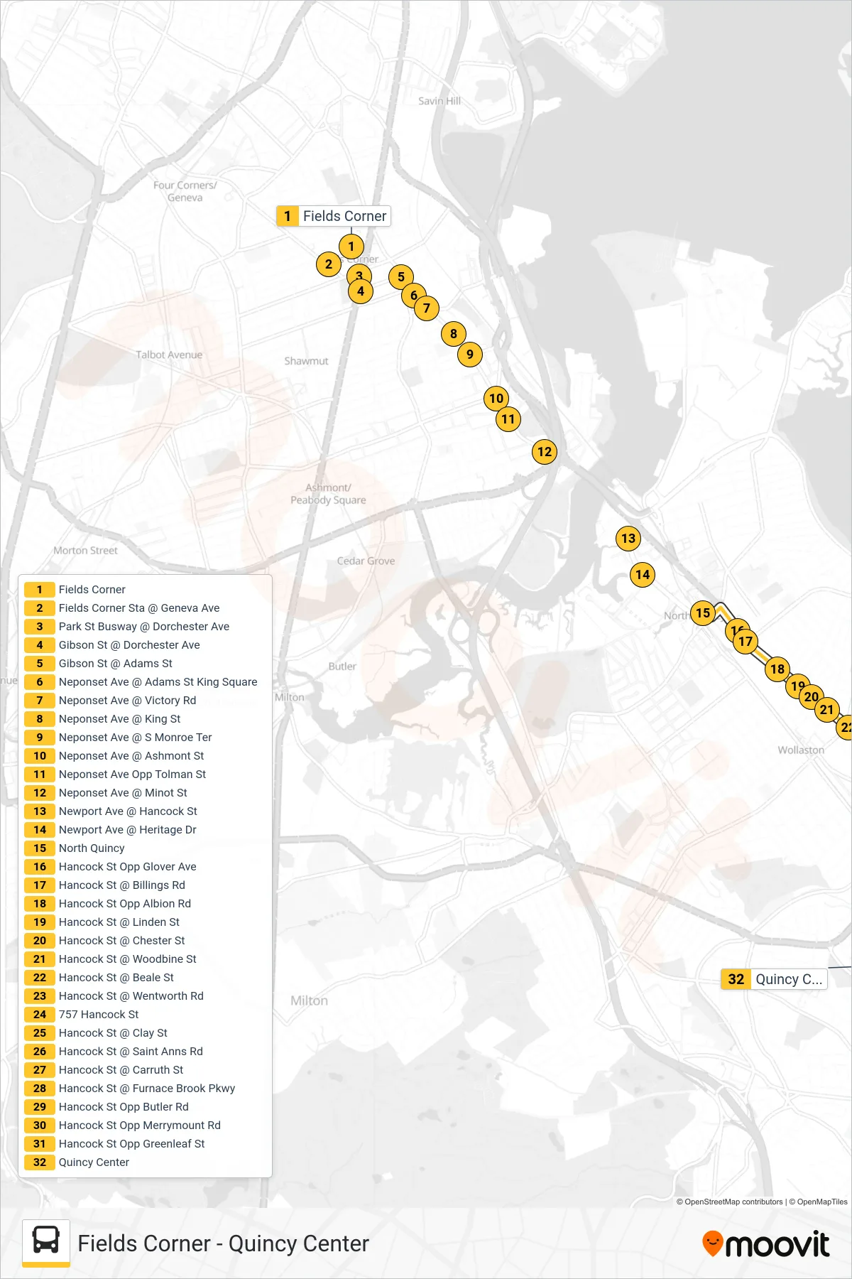 210 bus Line (Quincy Center) route and stops on a map