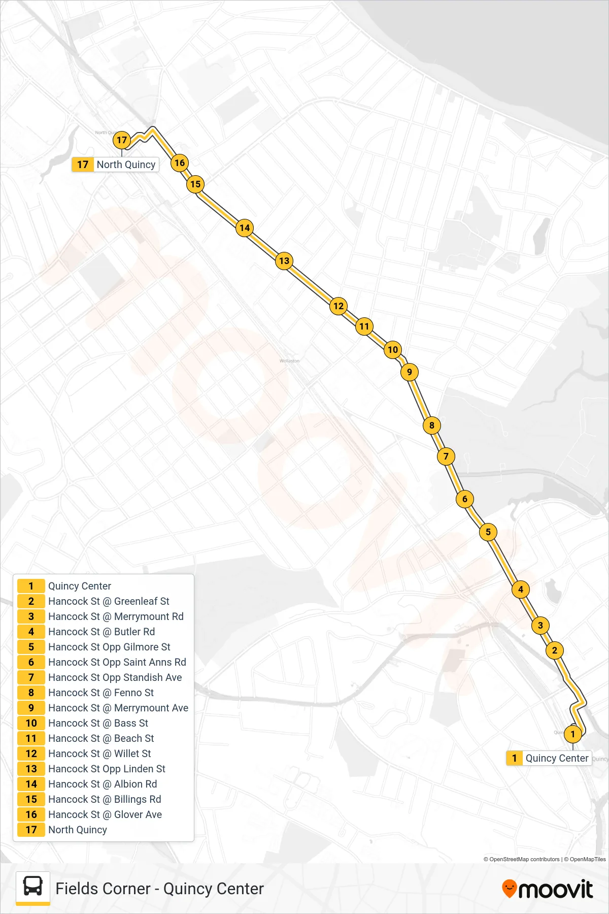 210 bus Line (North Quincy) route and stops on a map