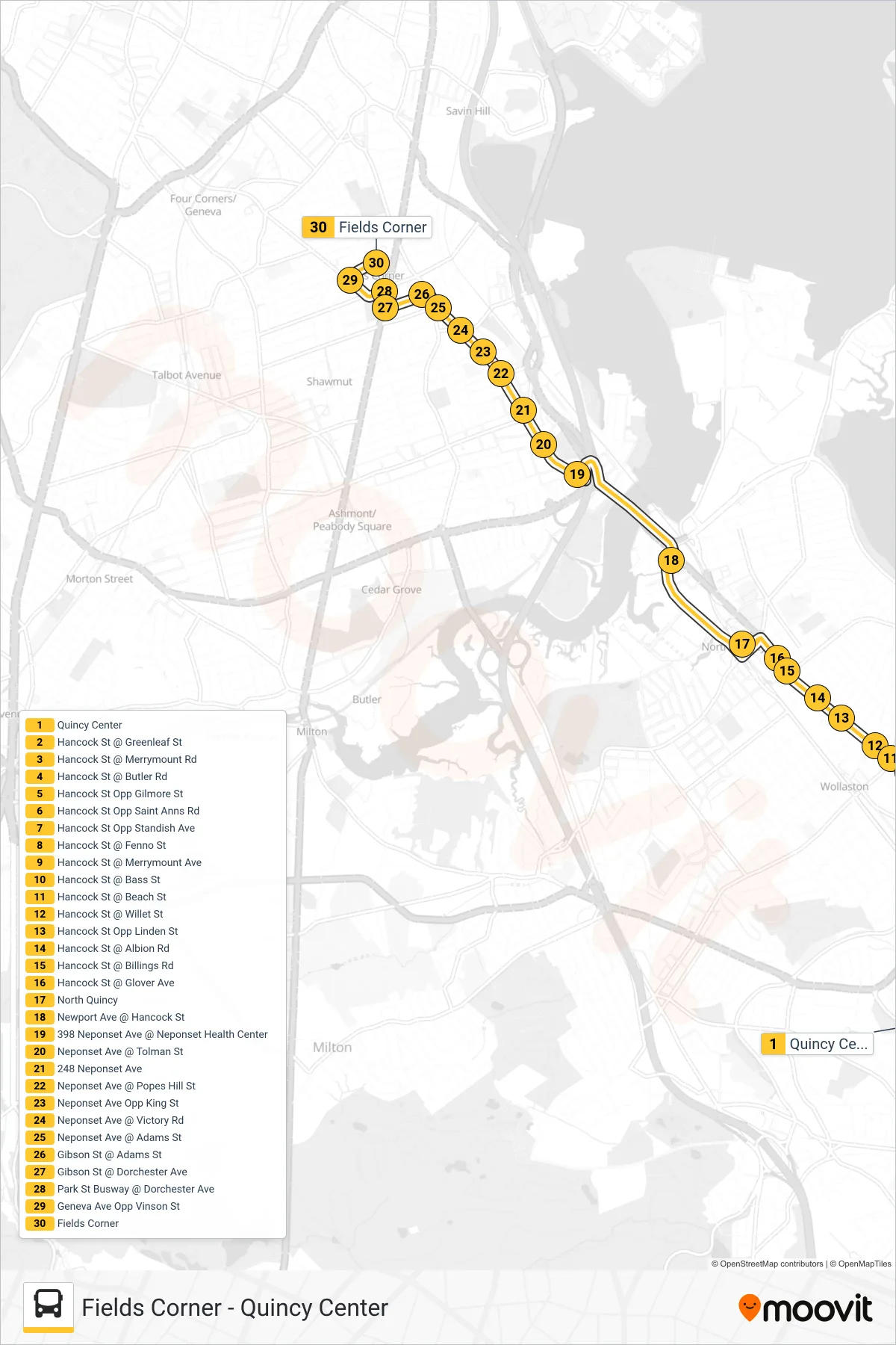 210 bus Line (Fields Corner) route and stops on a map