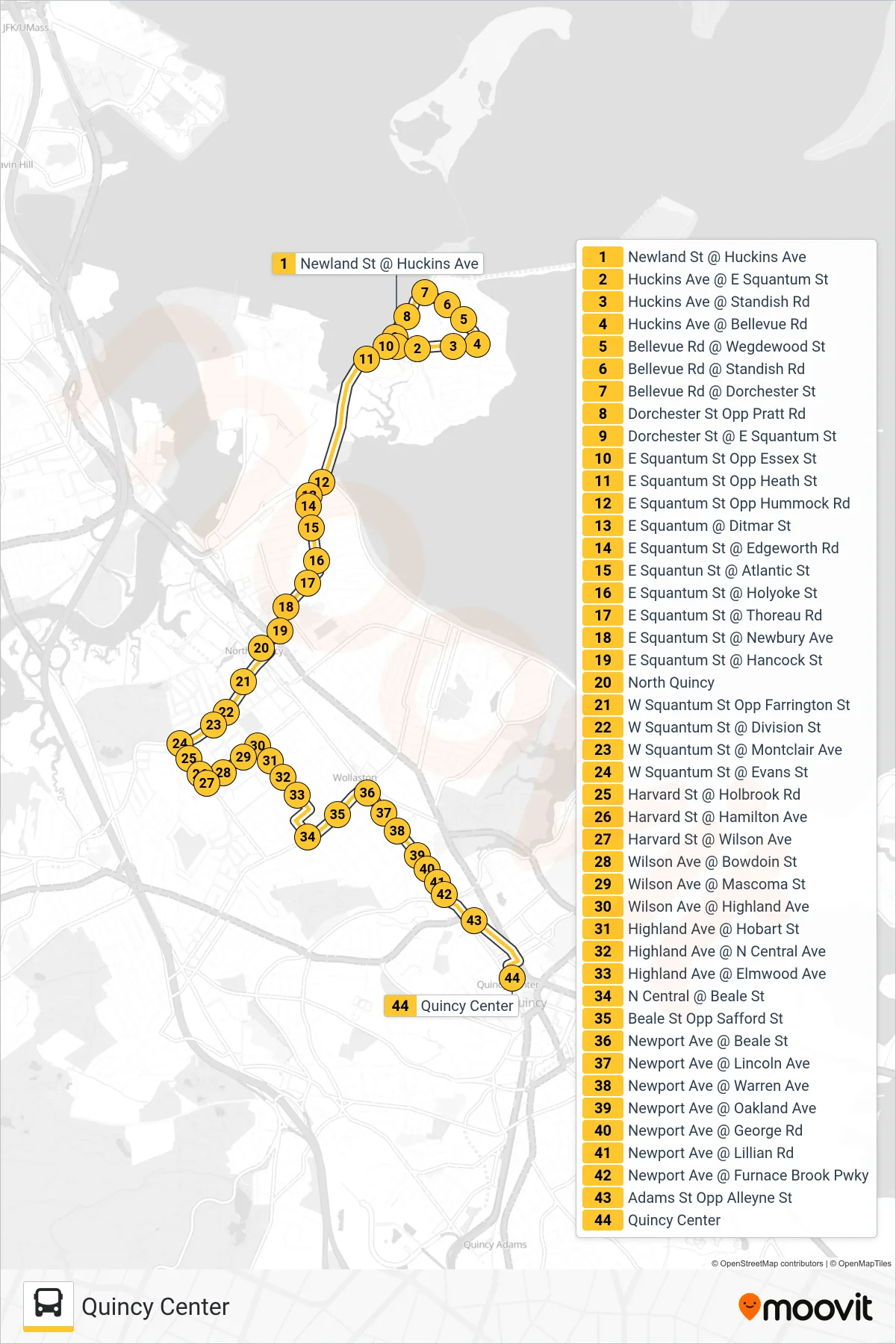 211 bus Line (Quincy Center) route and stops on a map