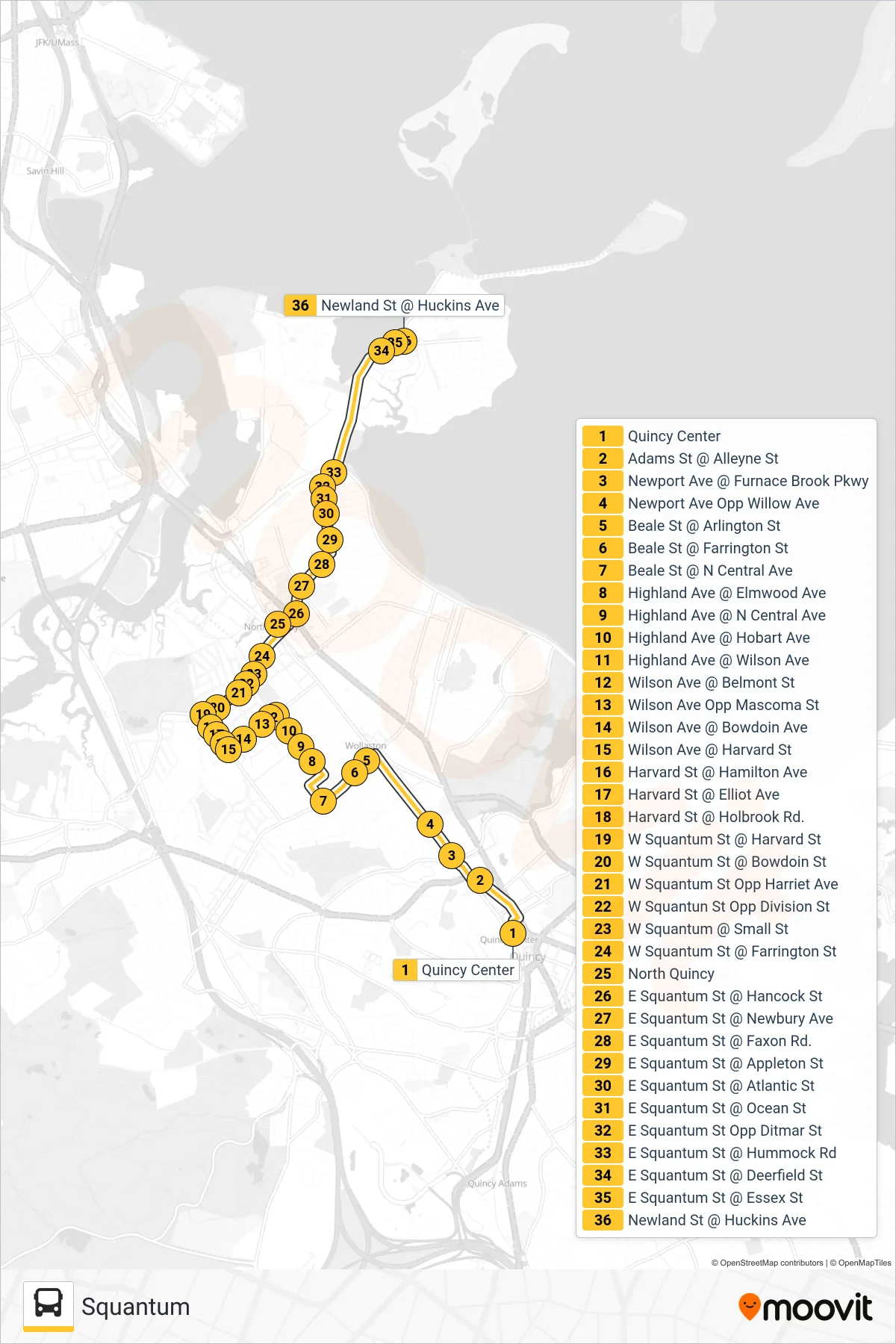 211 bus Line (Squantum) route and stops on a map