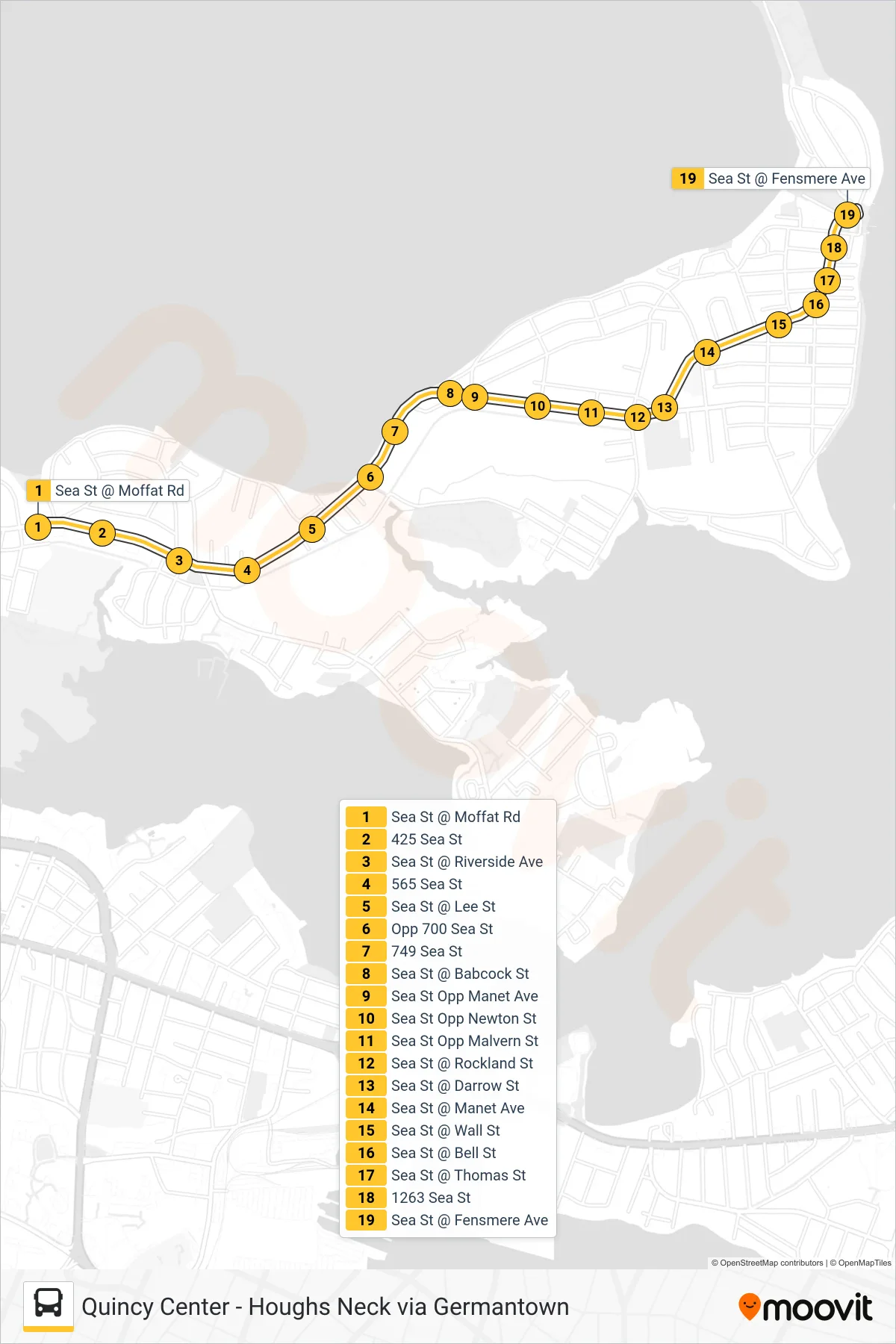 216 bus Line (Houghs Neck) route and stops on a map