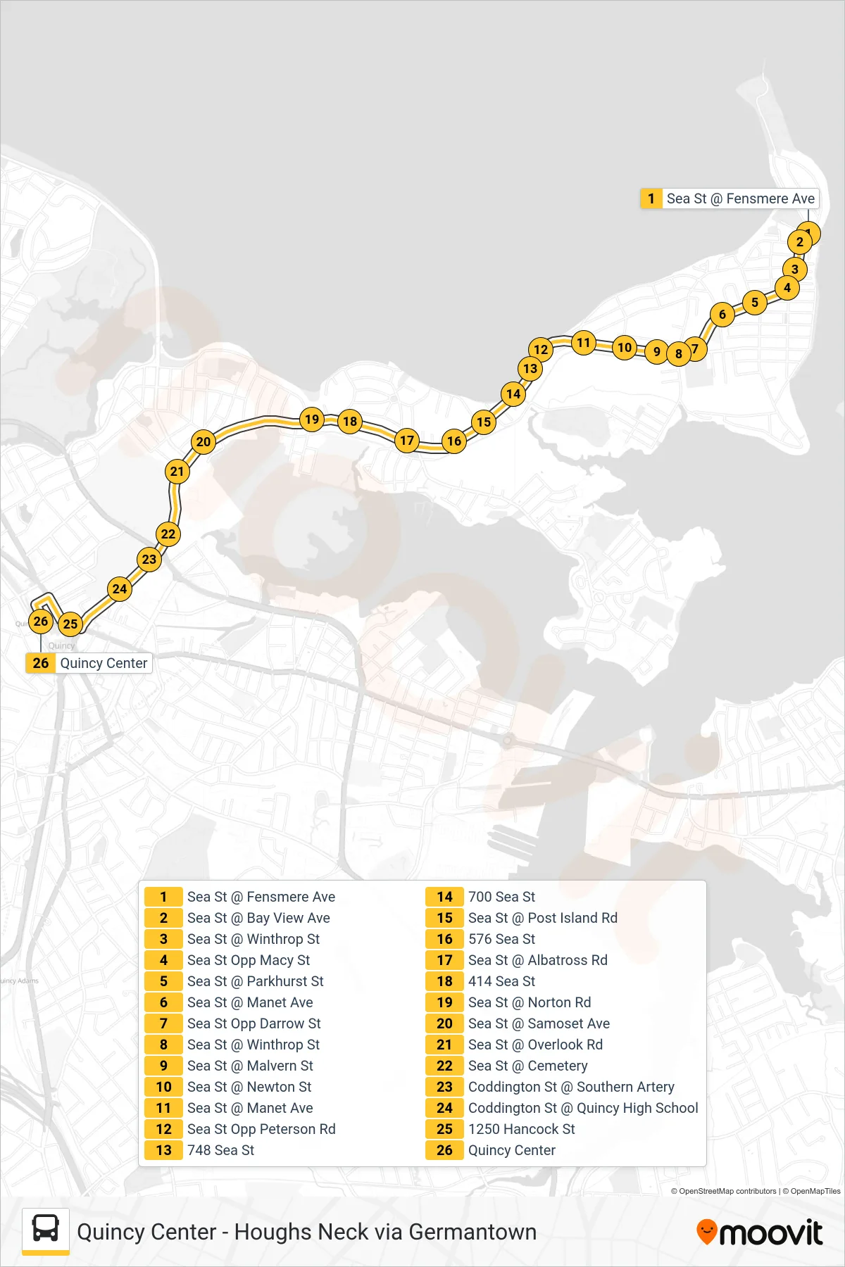 216 bus Line (Quincy Center) route and stops on a map
