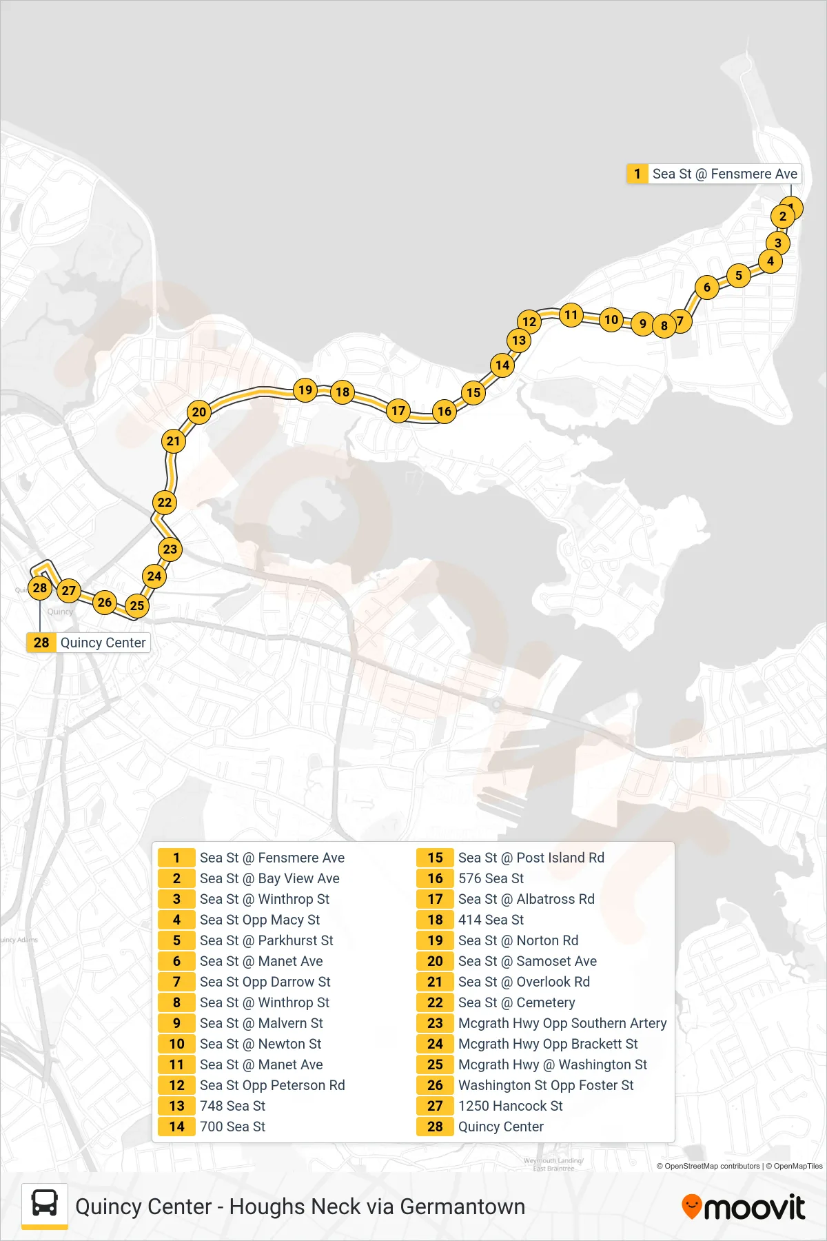216 bus Line (Quincy Center Via Mcgrath) route and stops on a map