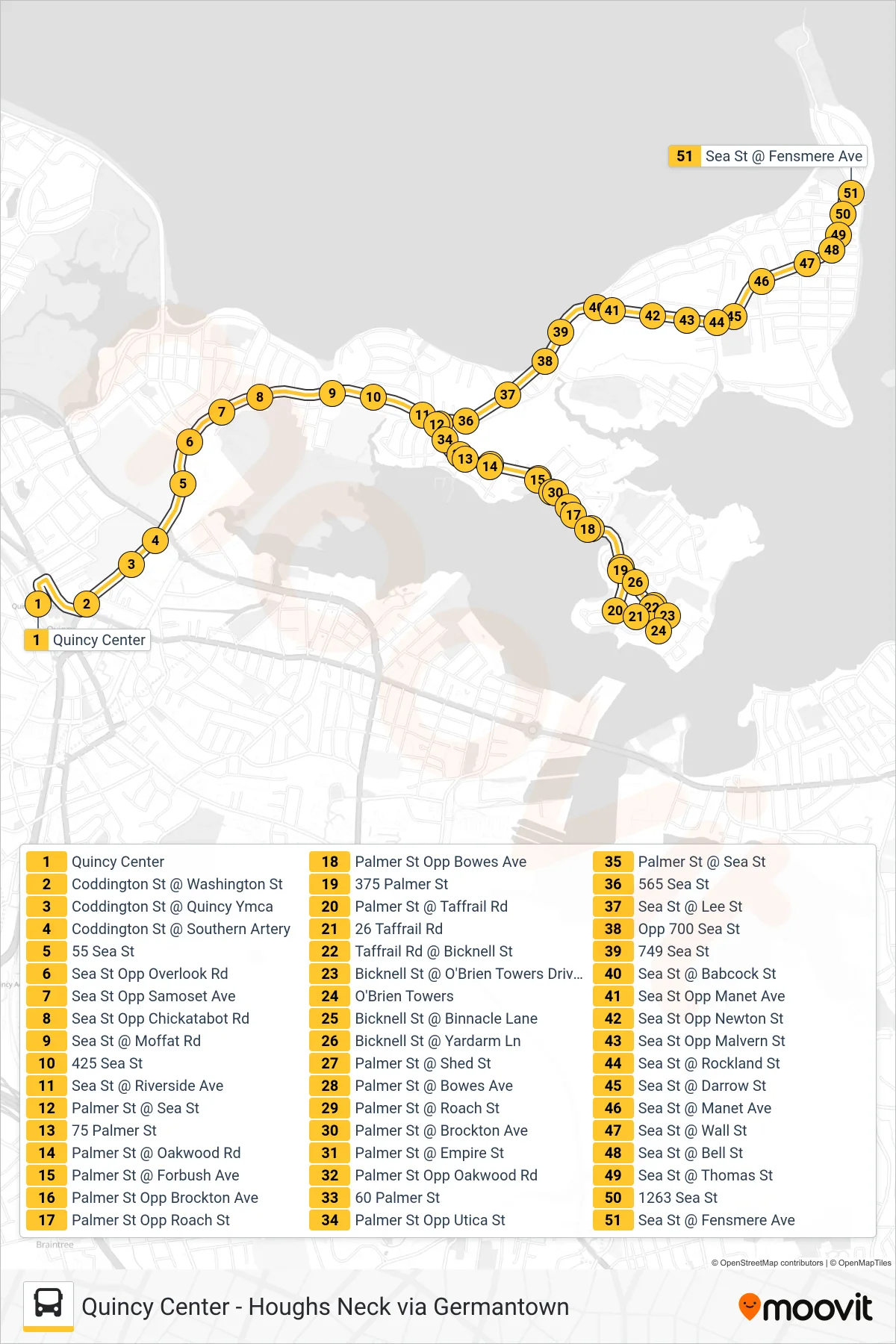216 bus Line (Houghs Neck Via Germantown) route and stops on a map