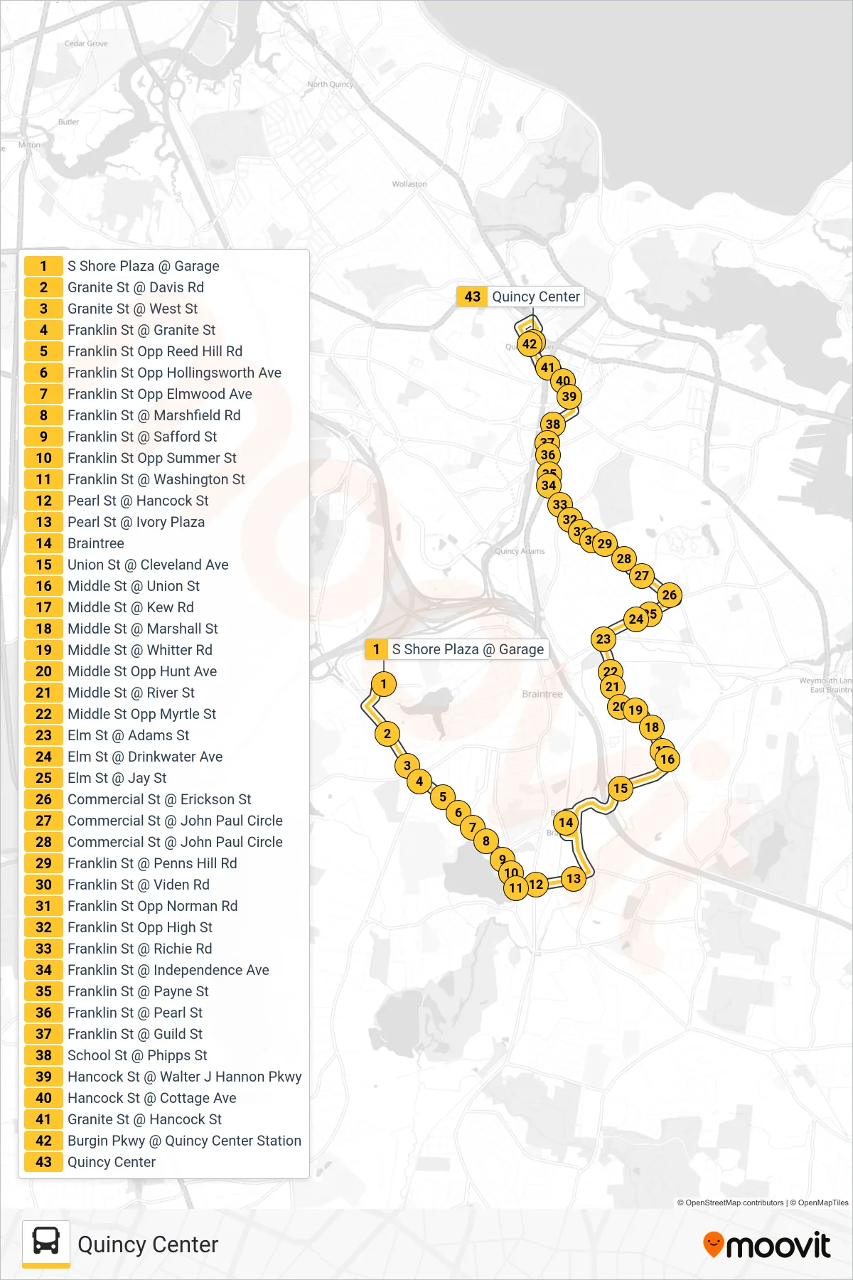236 bus Line (Quincy Center) route and stops on a map