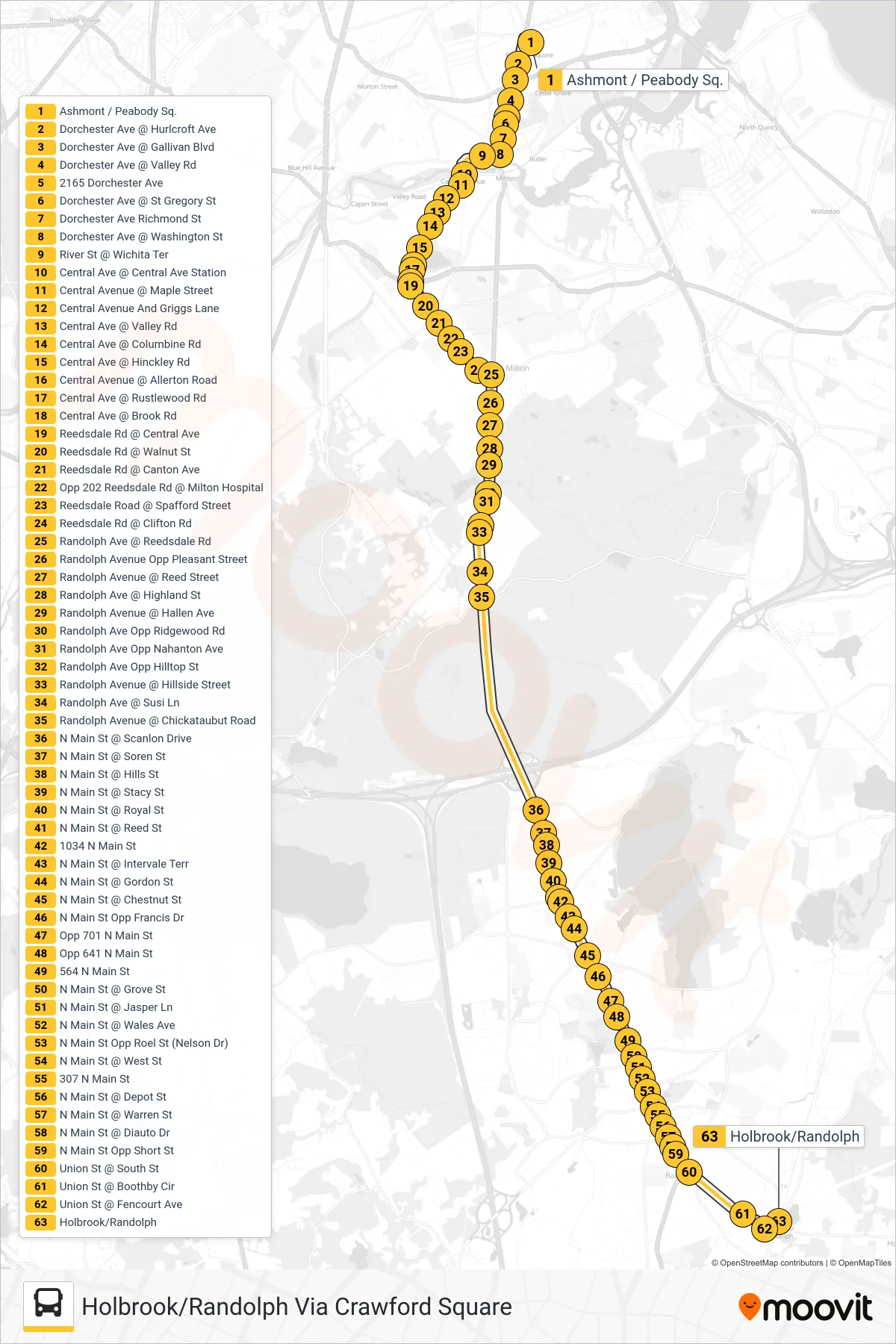 240 bus Line (Holbrook/Randolph Via Crawford Square) route and stops on a map