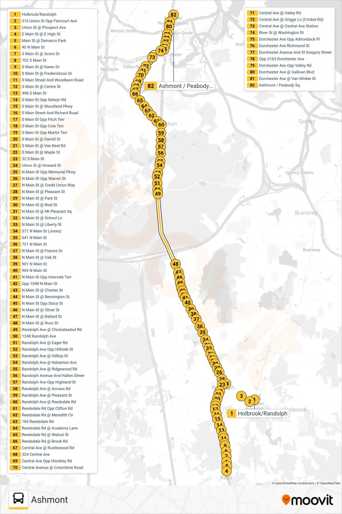 240 bus Line (Ashmont) route and stops on a map