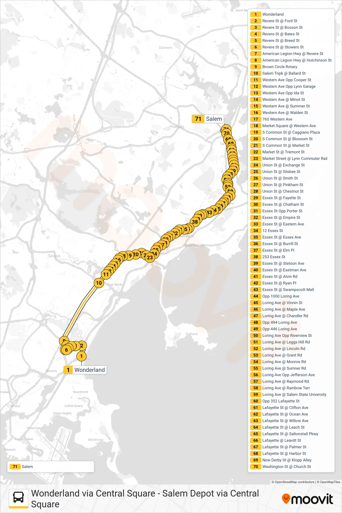 455 bus Line (Salem Depot Via Central Square) route and stops on a map