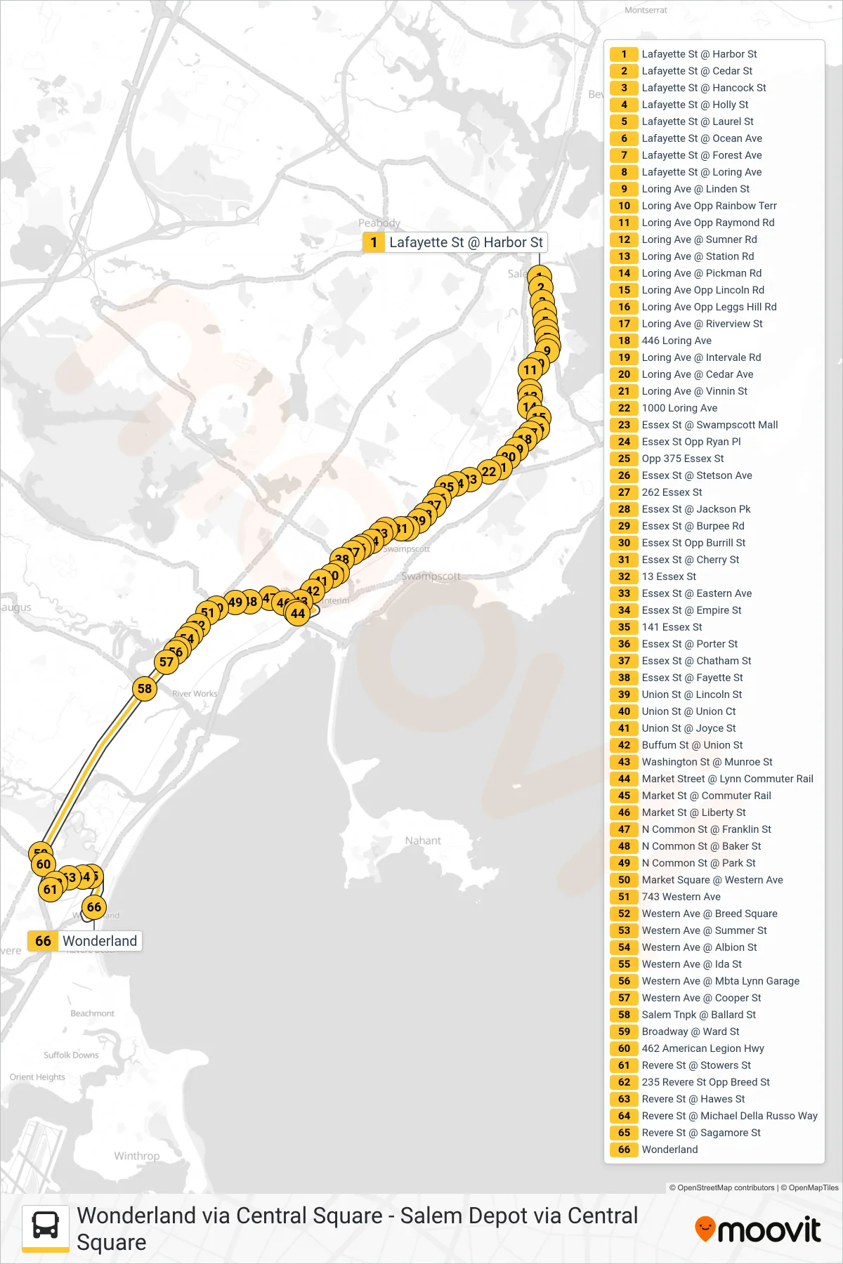 455 bus Line (Wonderland) route and stops on a map
