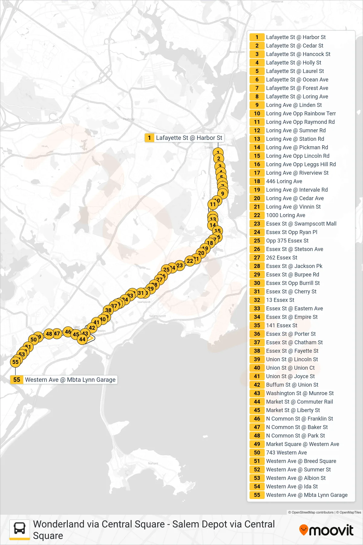 455 bus Line (West Lynn Via Central Square) route and stops on a map
