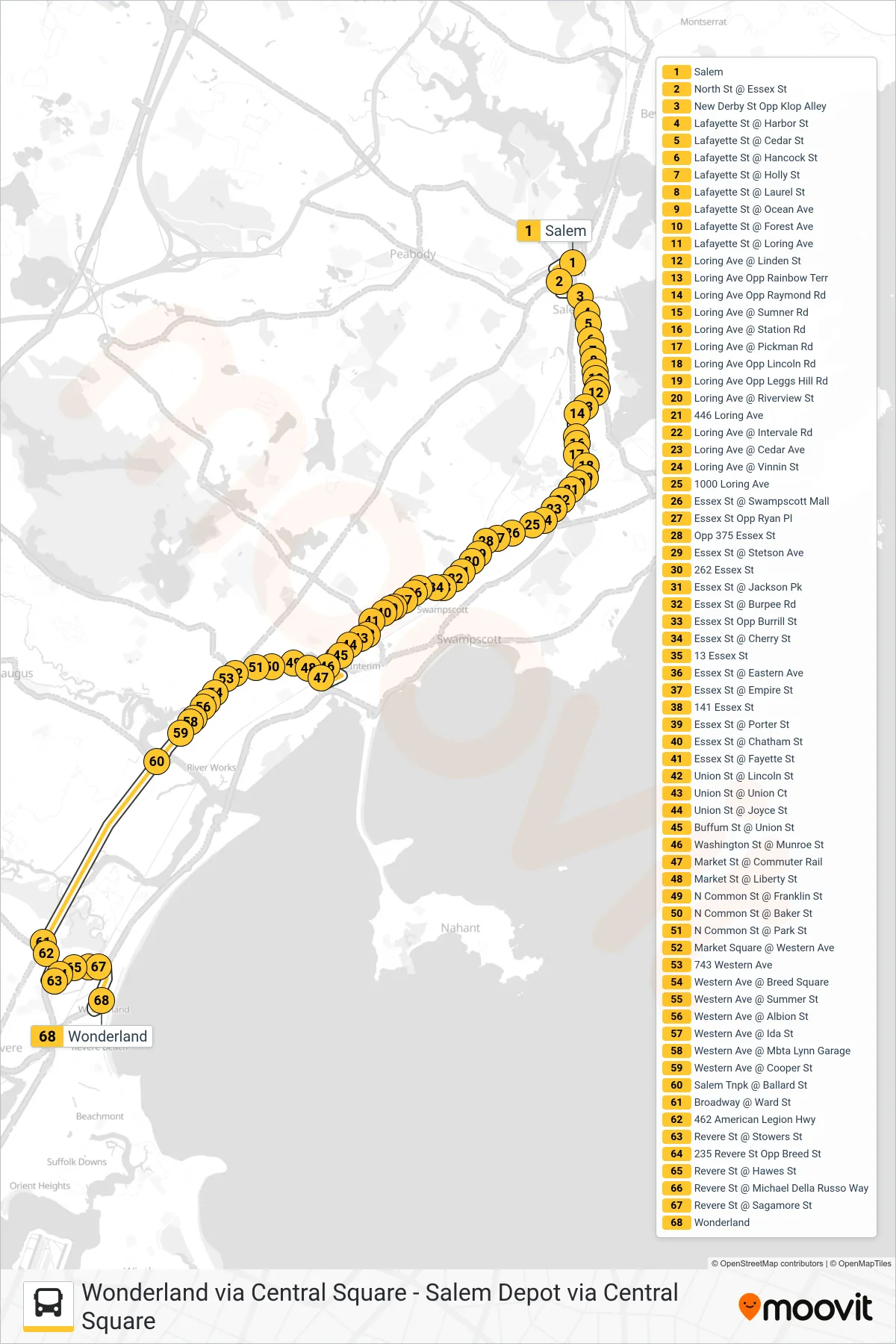 455 bus Line (Wonderland Via Central Square) route and stops on a map