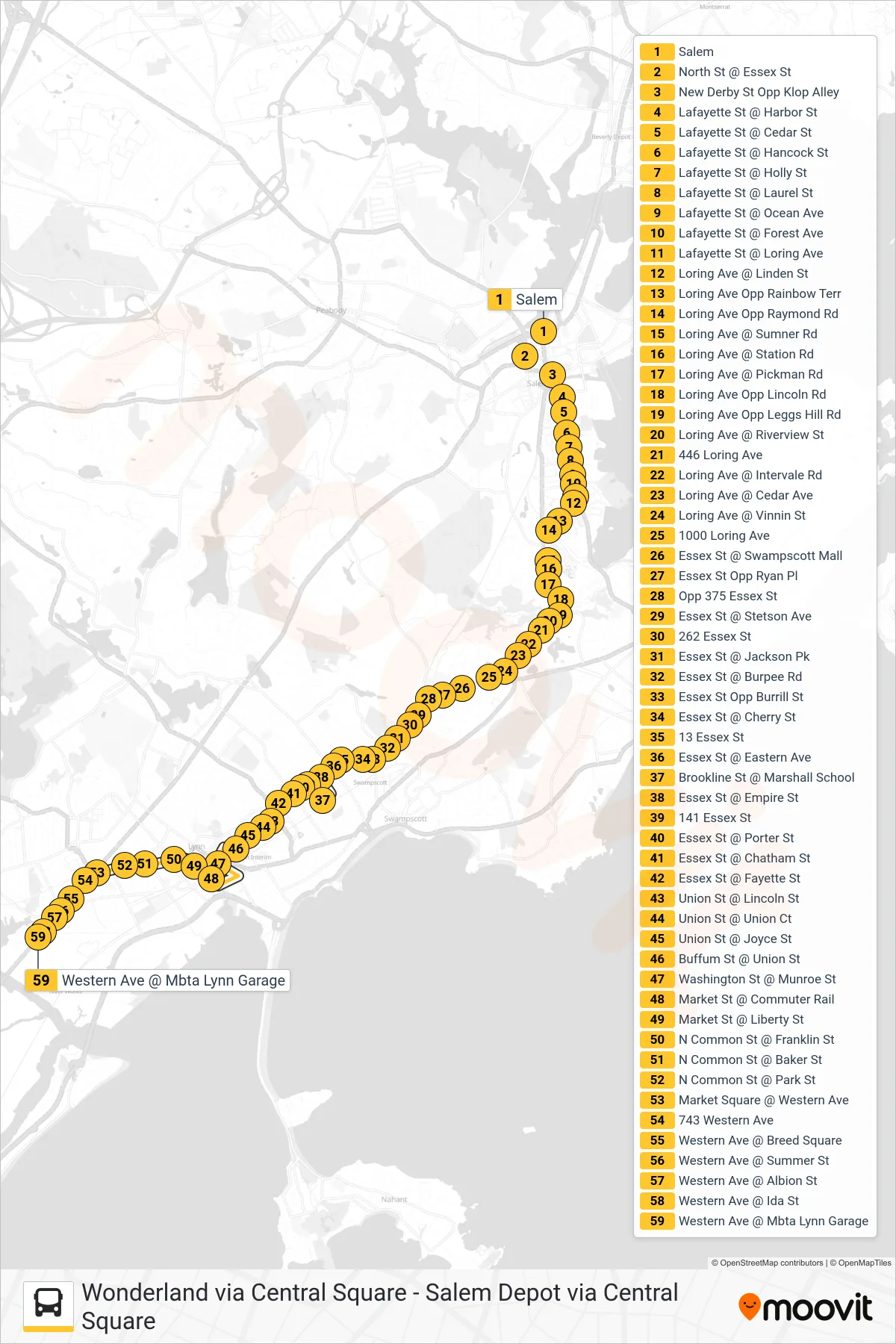 455 bus Line (West Lynn Garage Via Central Square) route and stops on a map