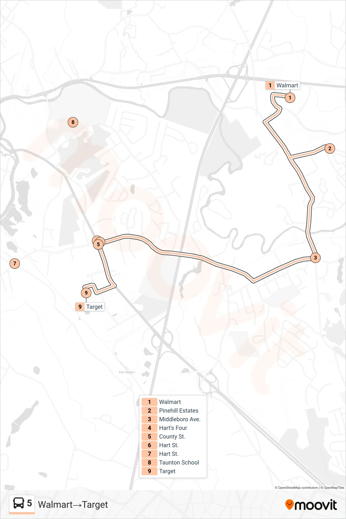 5 bus Line (Walmart‎→Target) route and stops on a map