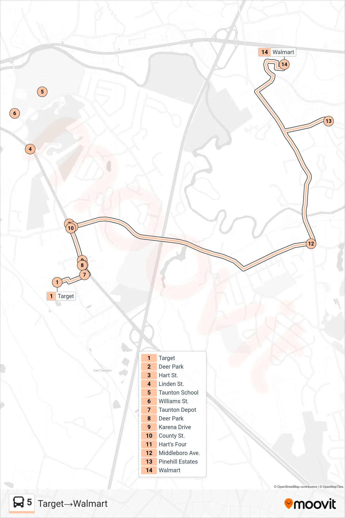 5 bus Line (Target‎→Walmart) route and stops on a map
