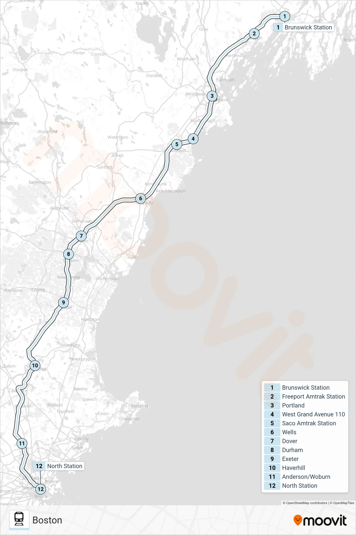 DOWNEASTER train Line (Boston) route and stops on a map