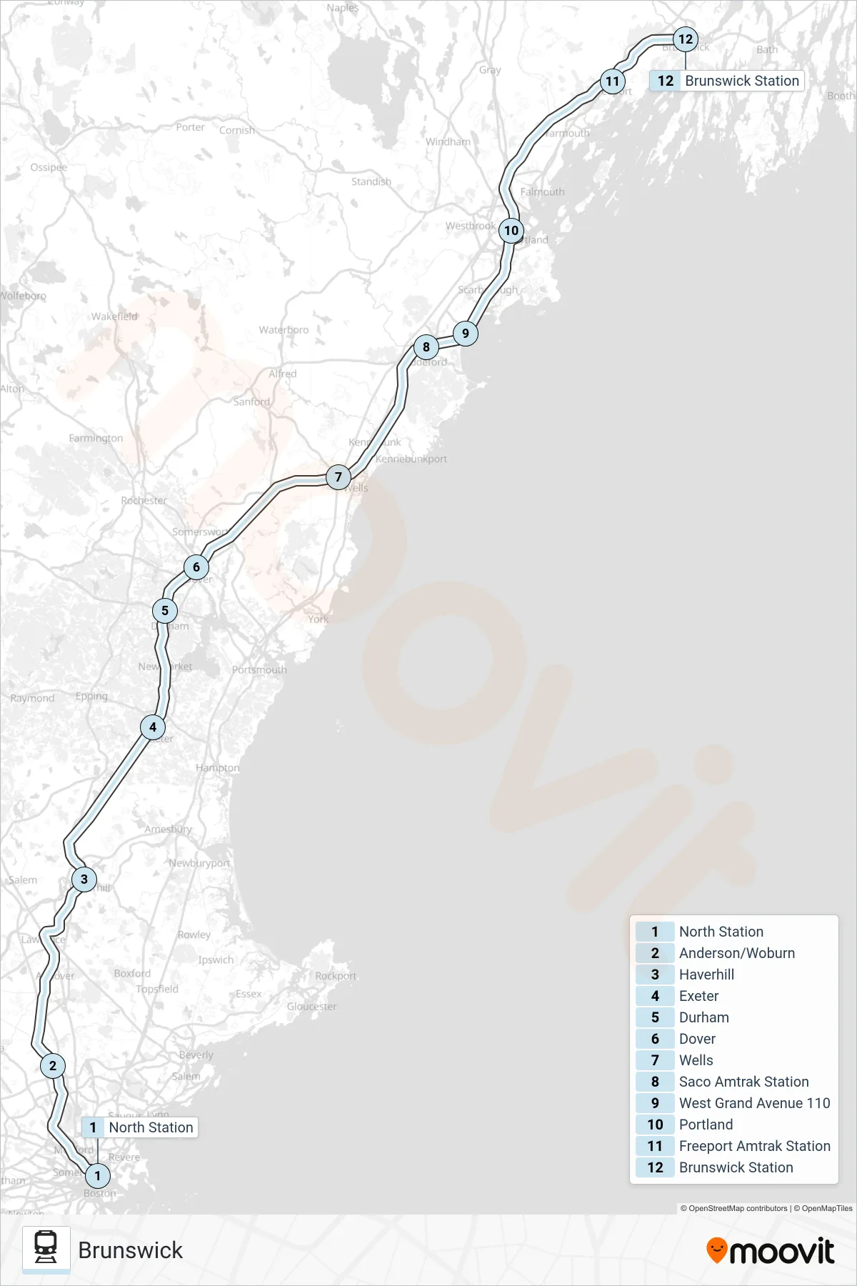 DOWNEASTER train Line (Brunswick) route and stops on a map