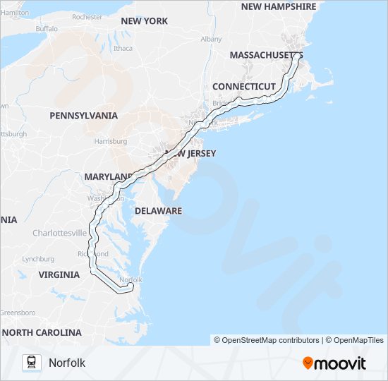 Mapa de NORTHEAST REGIONAL de tren