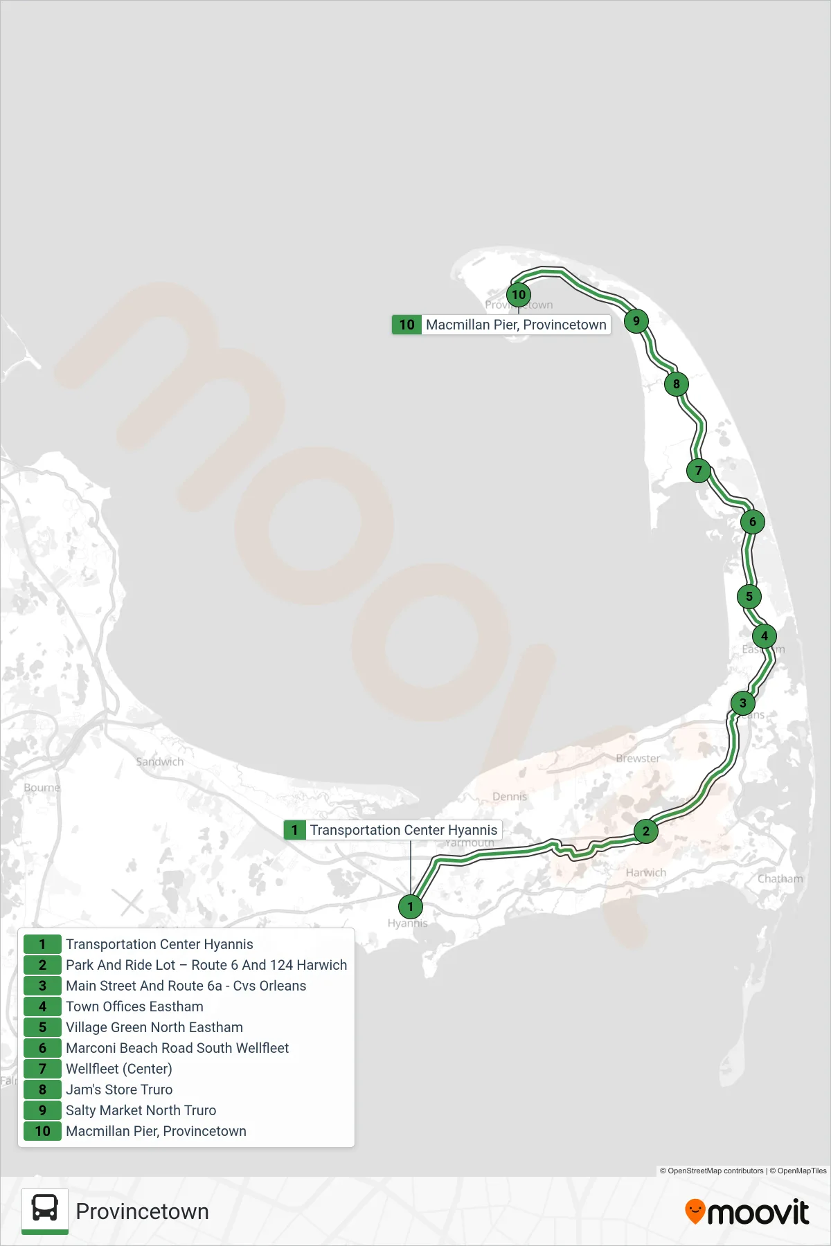 PETER PAN bus Line (Provincetown) route and stops on a map