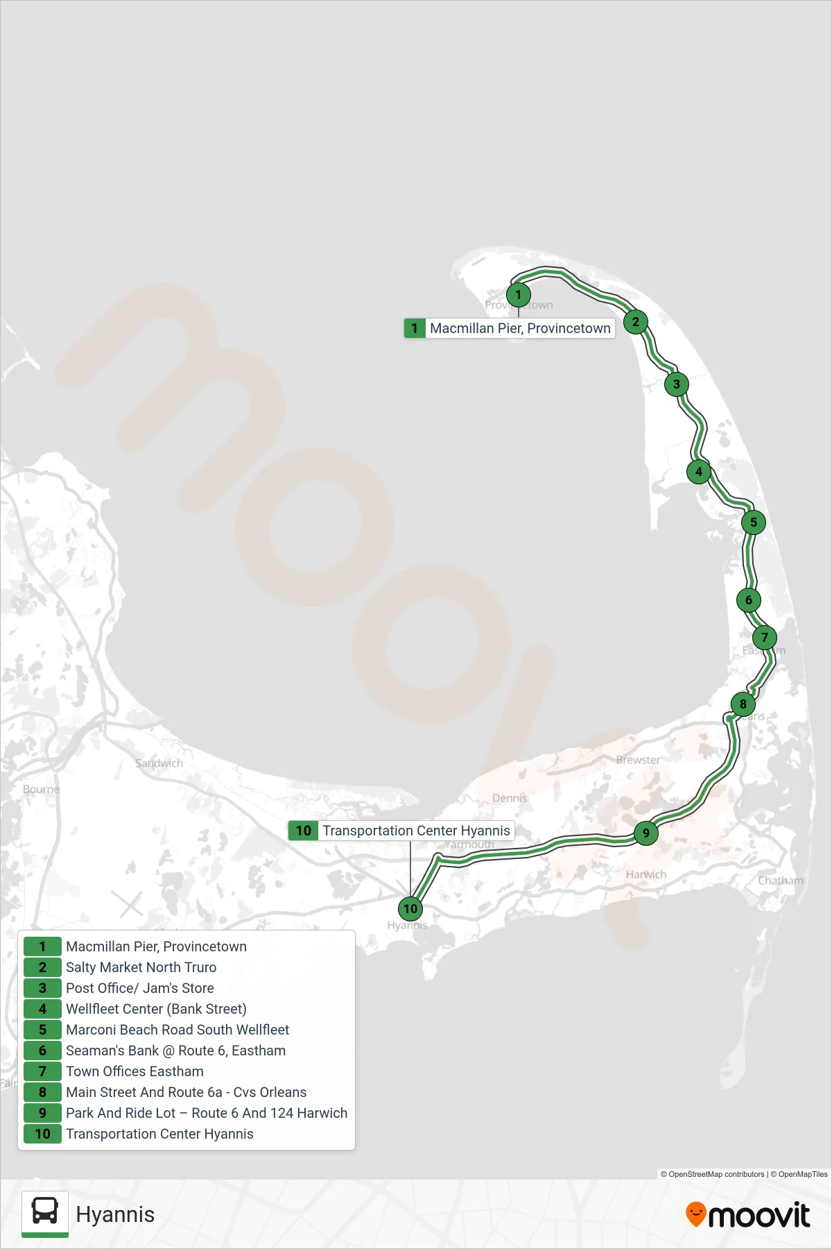 PETER PAN bus Line (Hyannis) route and stops on a map