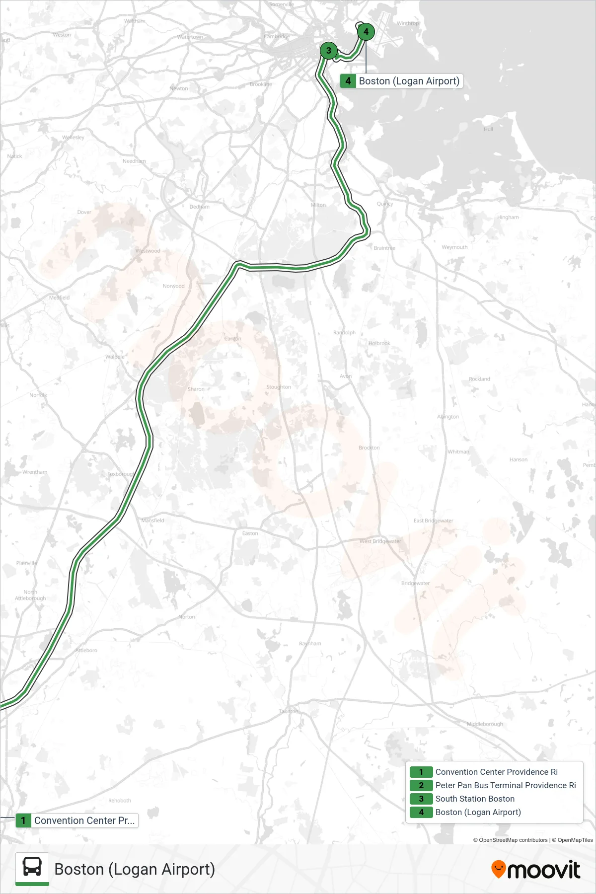 PETER PAN bus Line (Boston (Logan Airport)) route and stops on a map