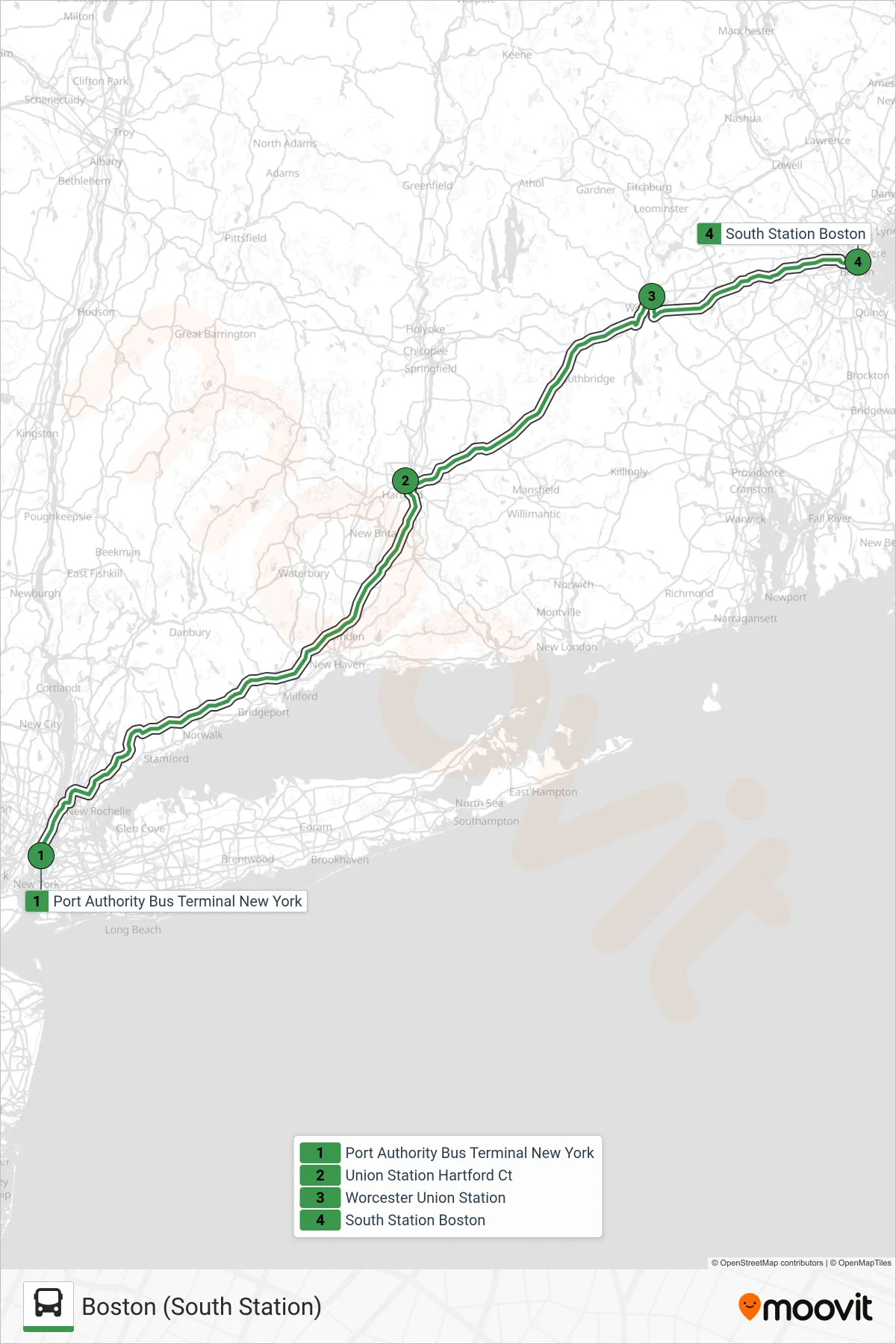 PETER PAN bus Line (Boston (South Station)) route and stops on a map