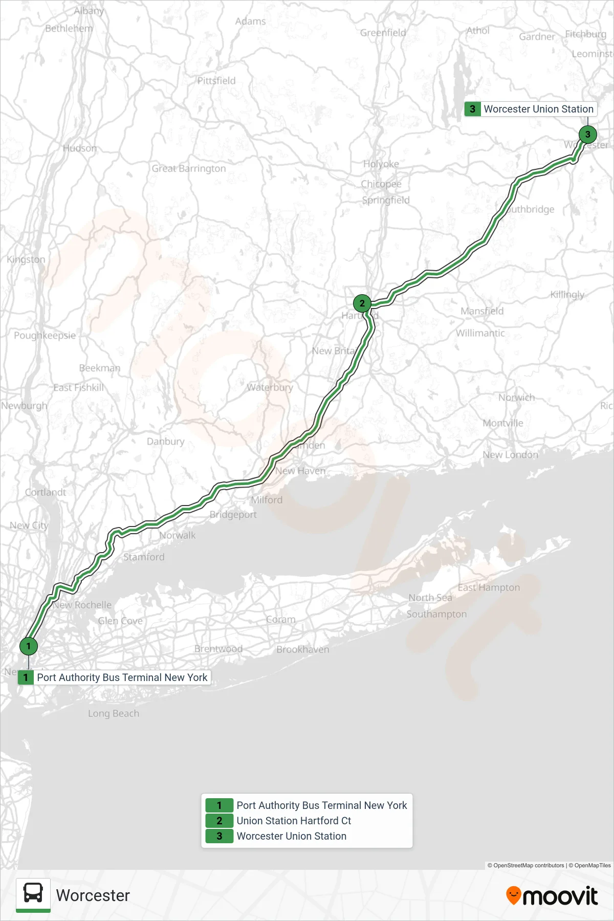 PETER PAN bus Line (Worcester) route and stops on a map