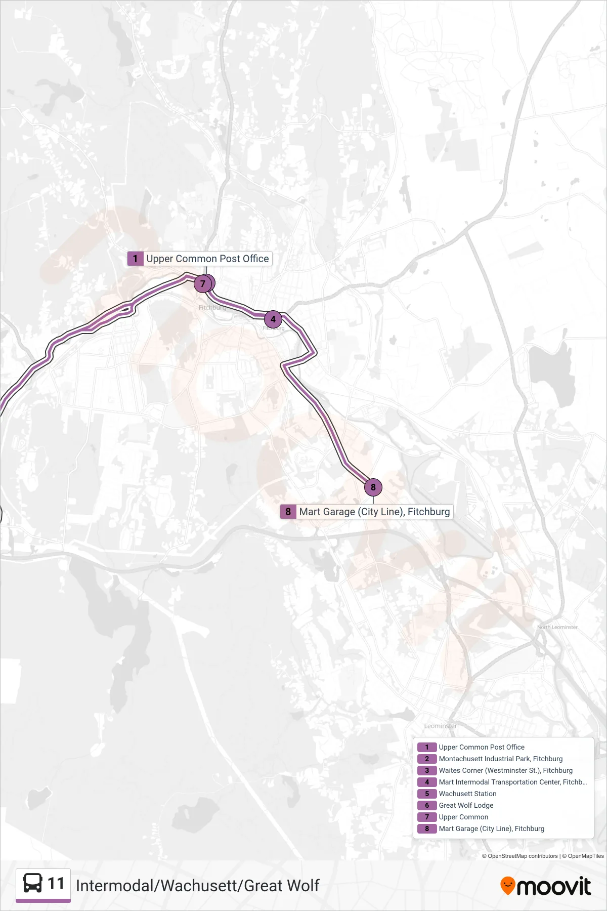11 bus Line (Mart Intermodal Transportation Center, Fitchburg→Mart Garage (City Line), Fitchburg) route and stops on a map