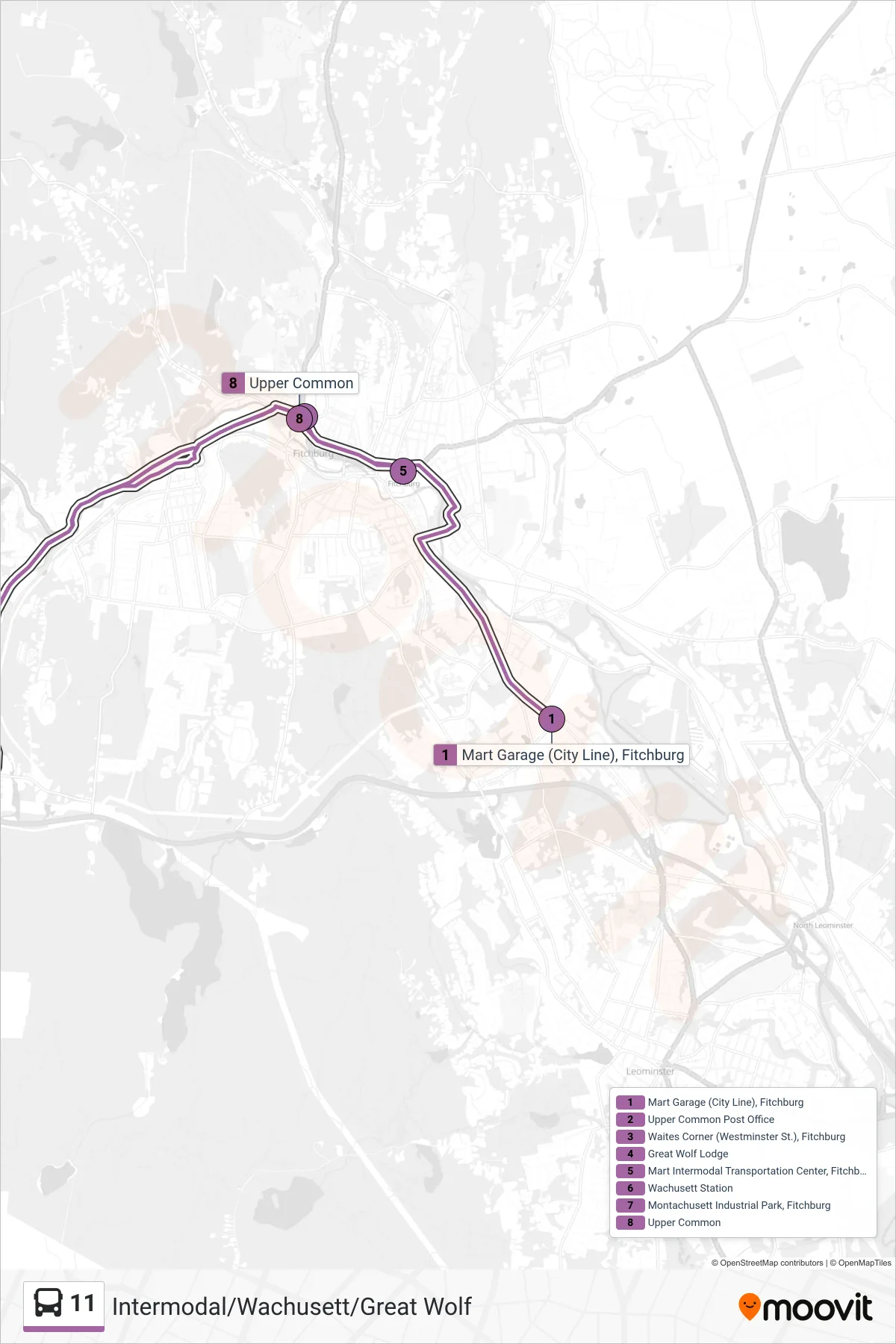 11 bus Line (Mart Garage (City Line), Fitchburg‎→Mart Intermodal Transportation Center, Fitchburg) route and stops on a map
