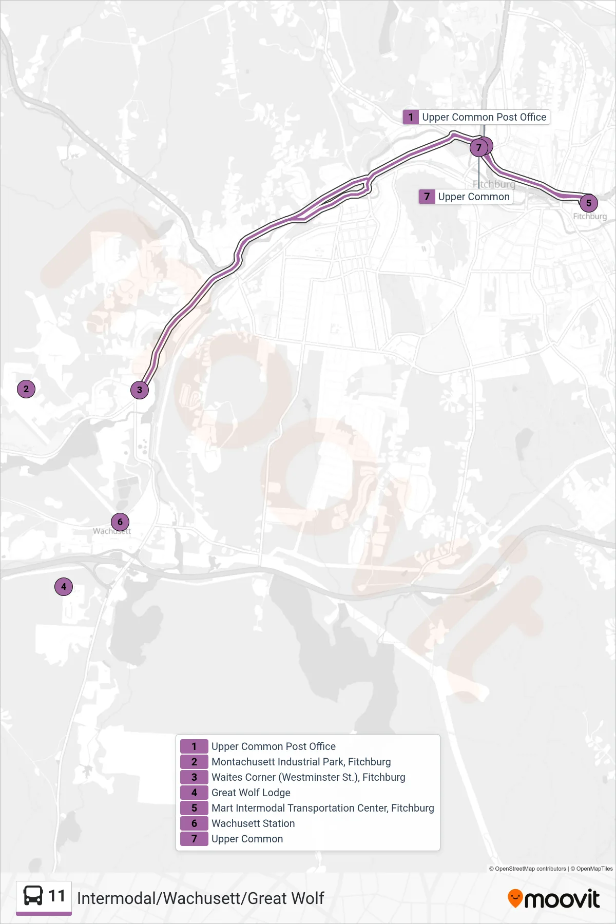 11 bus Line (Mart Intermodal Transportation Center, Fitchburg‎→Mart Intermodal Transportation Center, Fitchburg) route and stops on a map