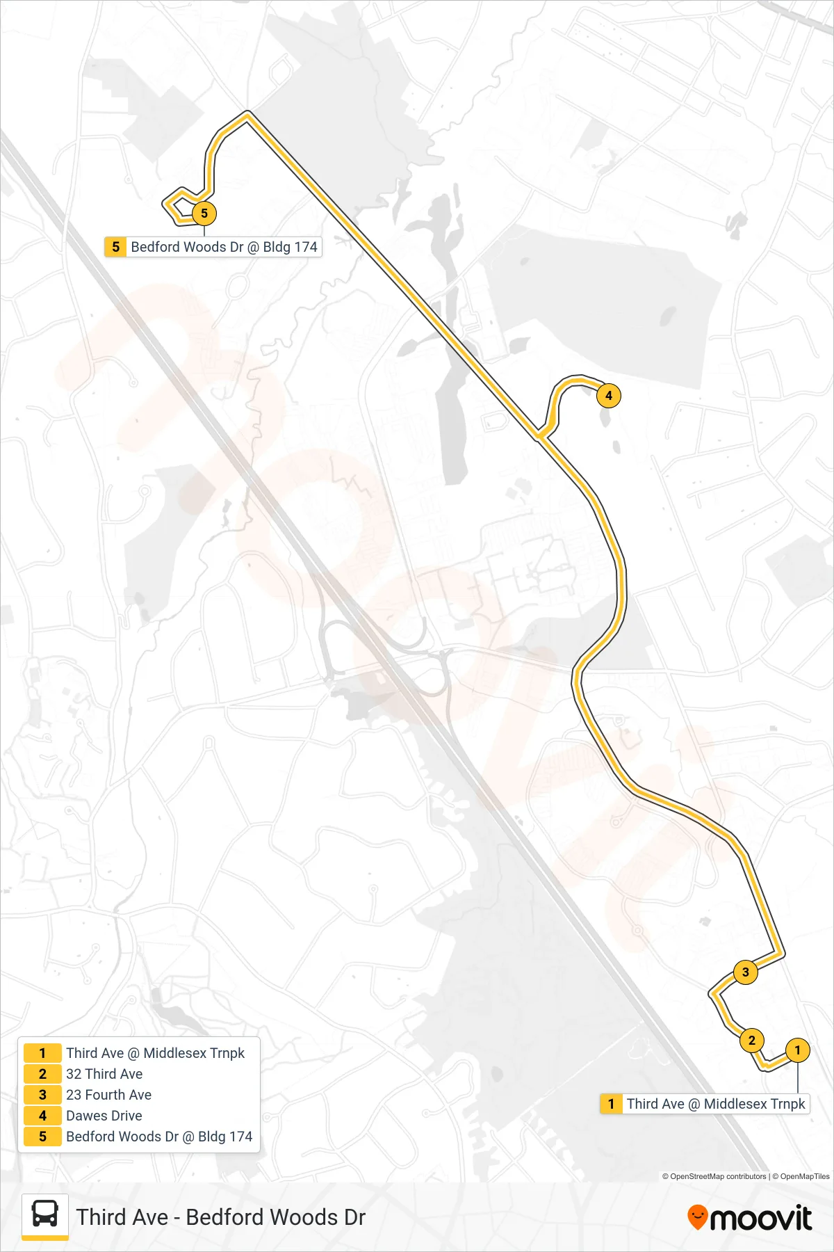 351 bus Line (Bedford Woods Dr Via Emd Serono) route and stops on a map