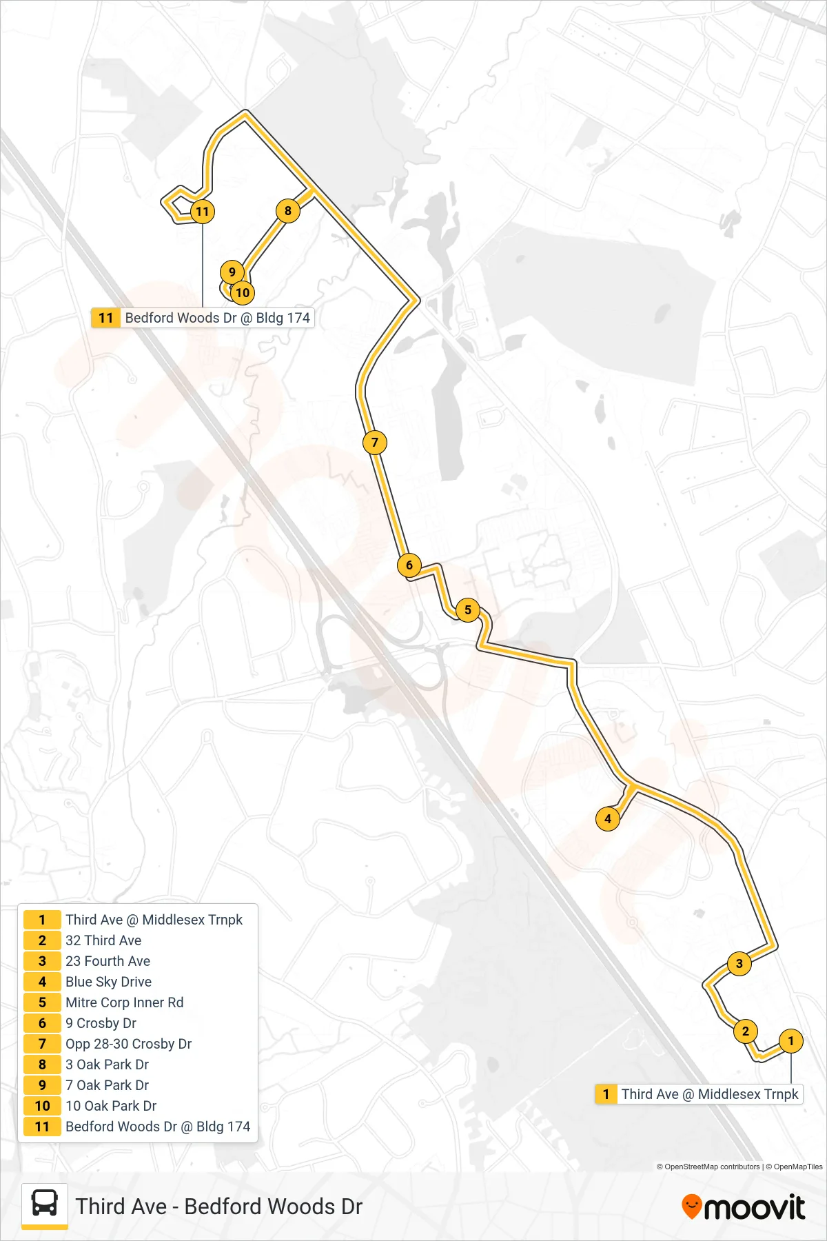 351 bus Line (Bedford Woods Dr) route and stops on a map