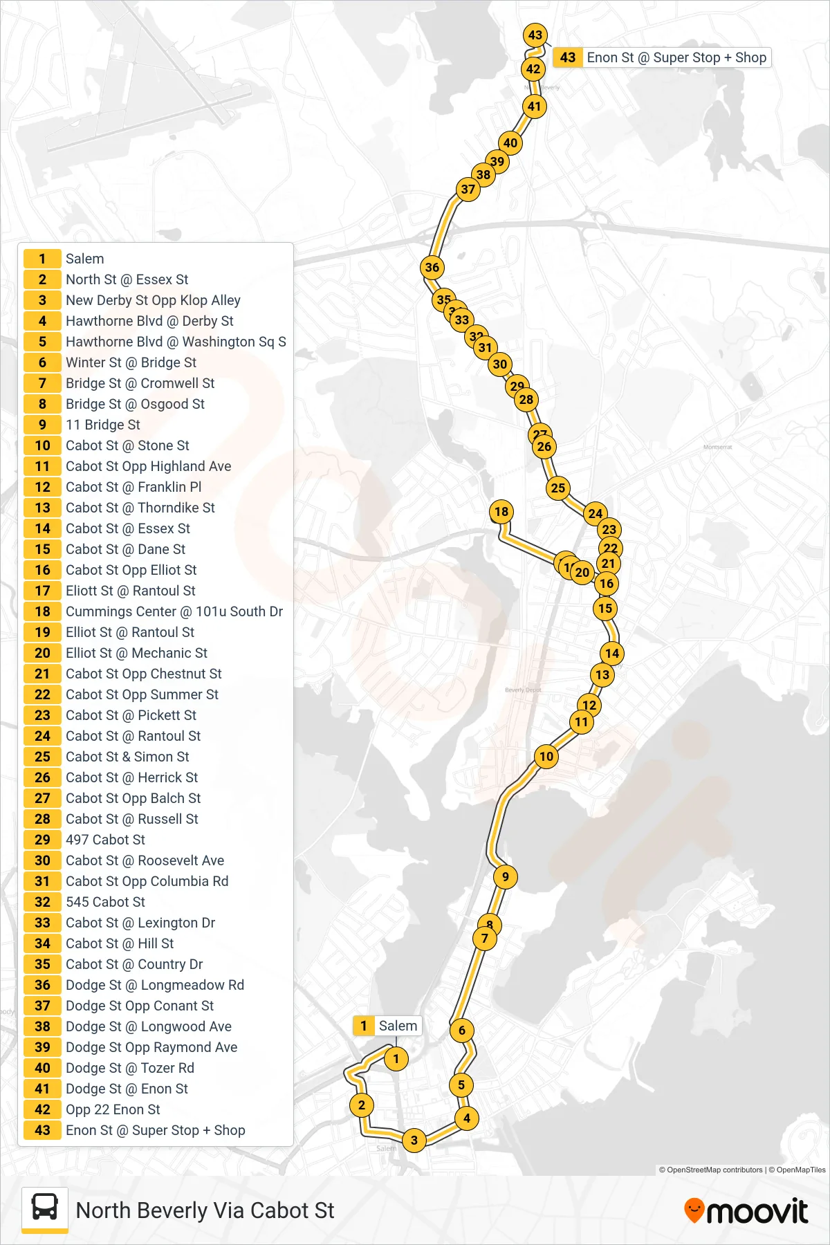 451 bus Line (North Beverly Via Cabot St) route and stops on a map
