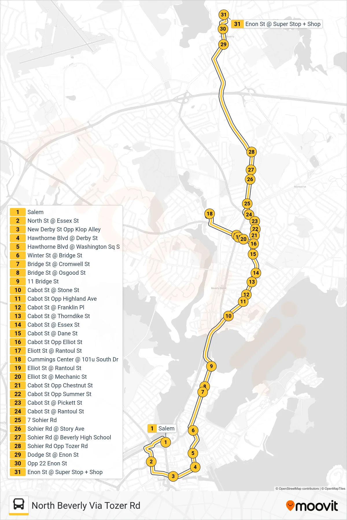 451 bus Line (North Beverly Via Tozer Rd) route and stops on a map