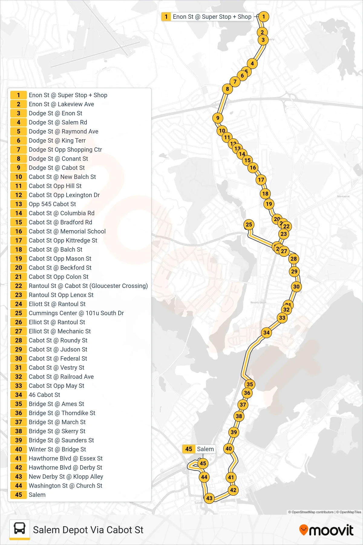 451 bus Line (Salem Depot Via Cabot St) route and stops on a map