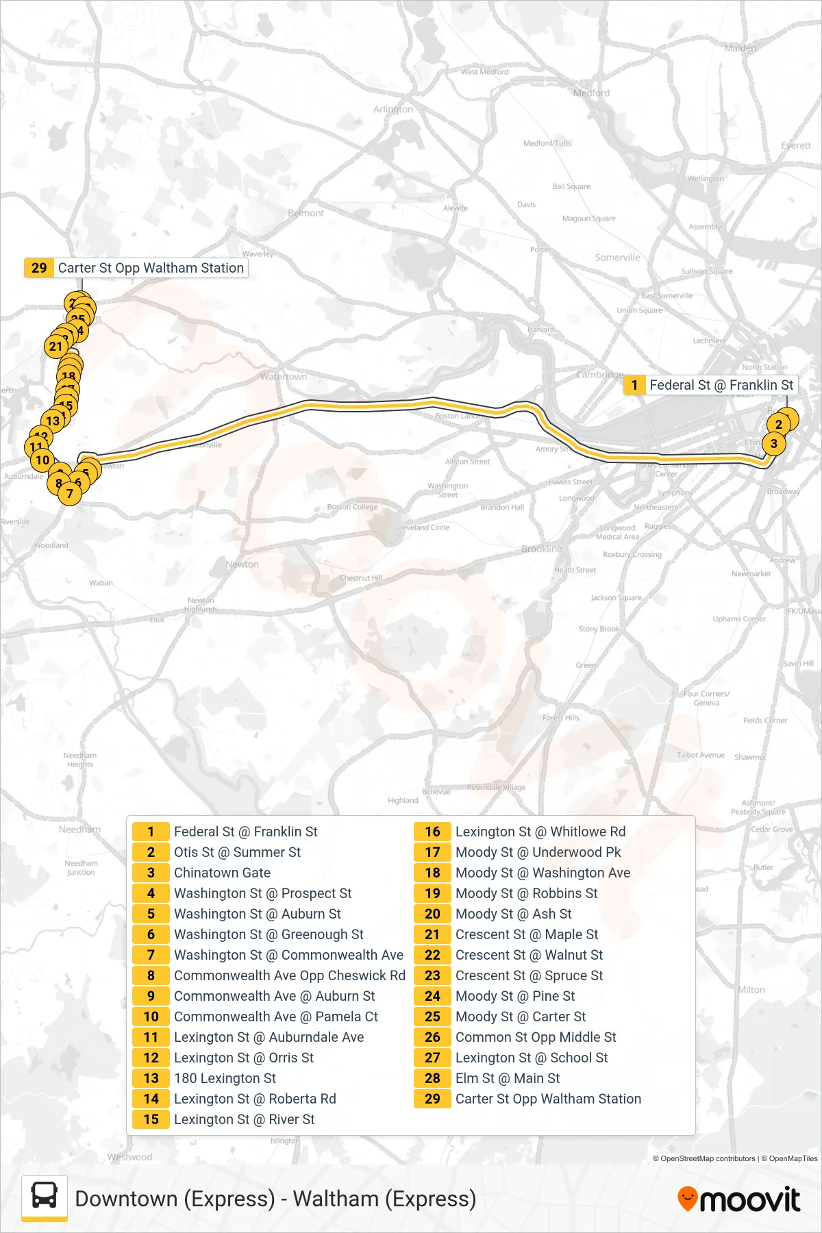 505 bus Line (Waltham (Express)) route and stops on a map