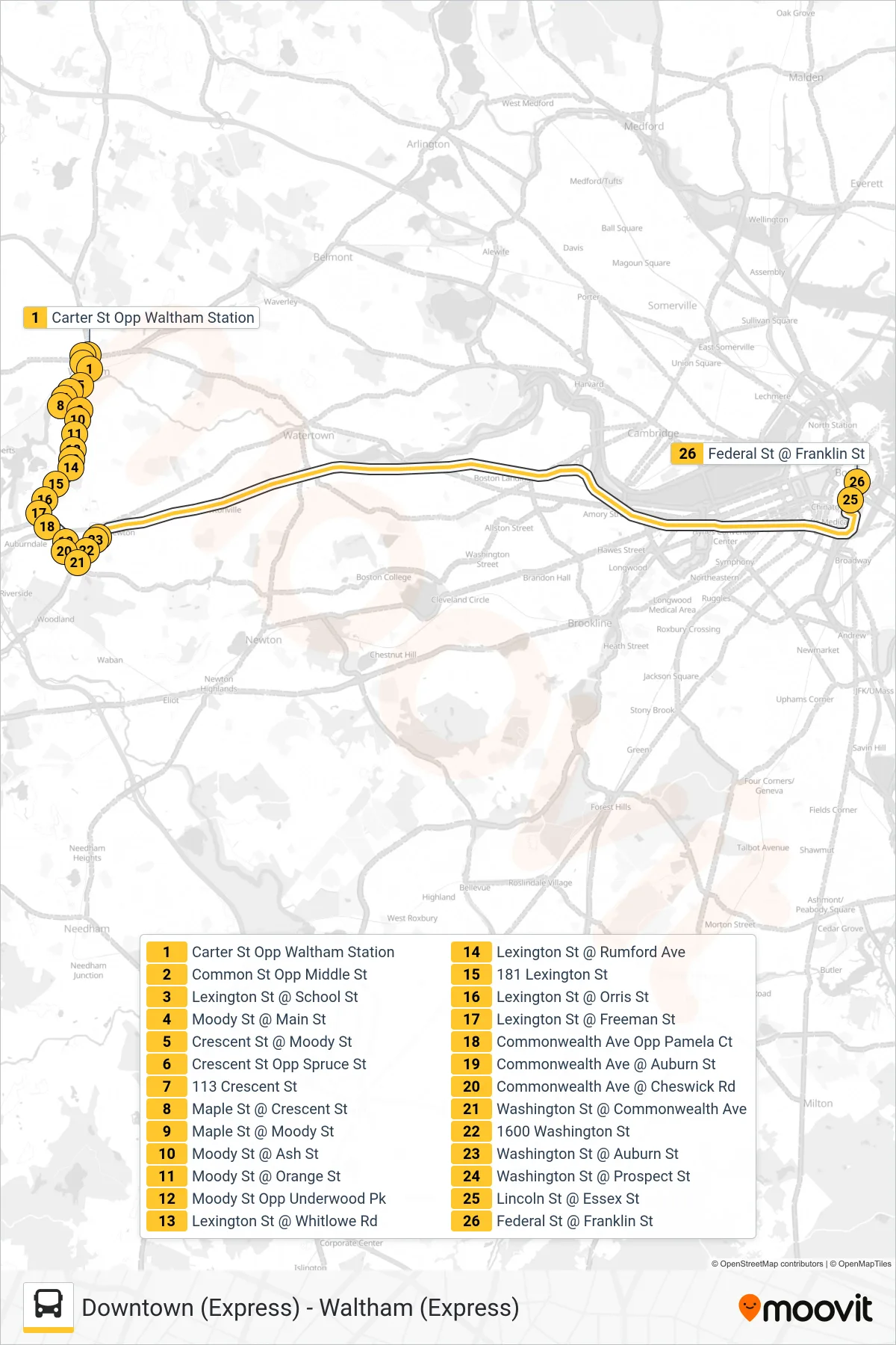 505 bus Line (Downtown (Express)) route and stops on a map