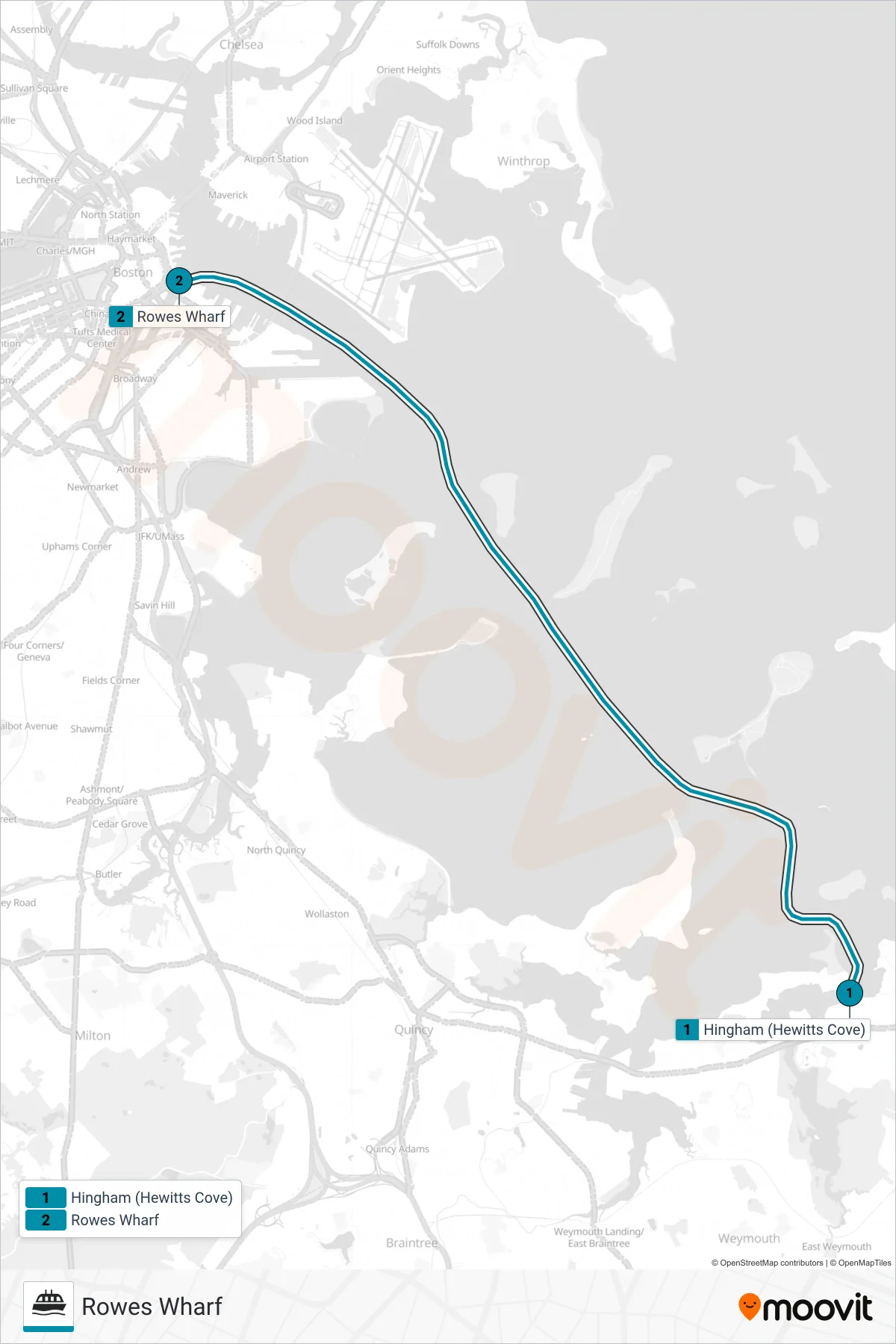 HINGHAM FERRY ferry Line (Rowes Wharf) route and stops on a map