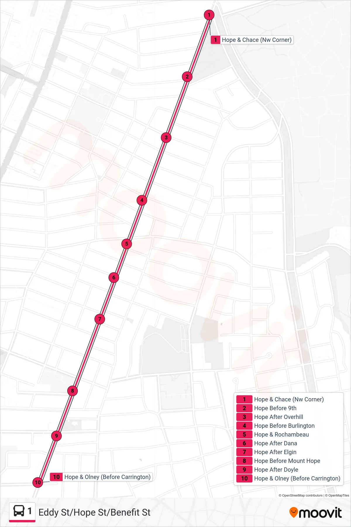 1 bus Line (Hope & Chace) route and stops on a map